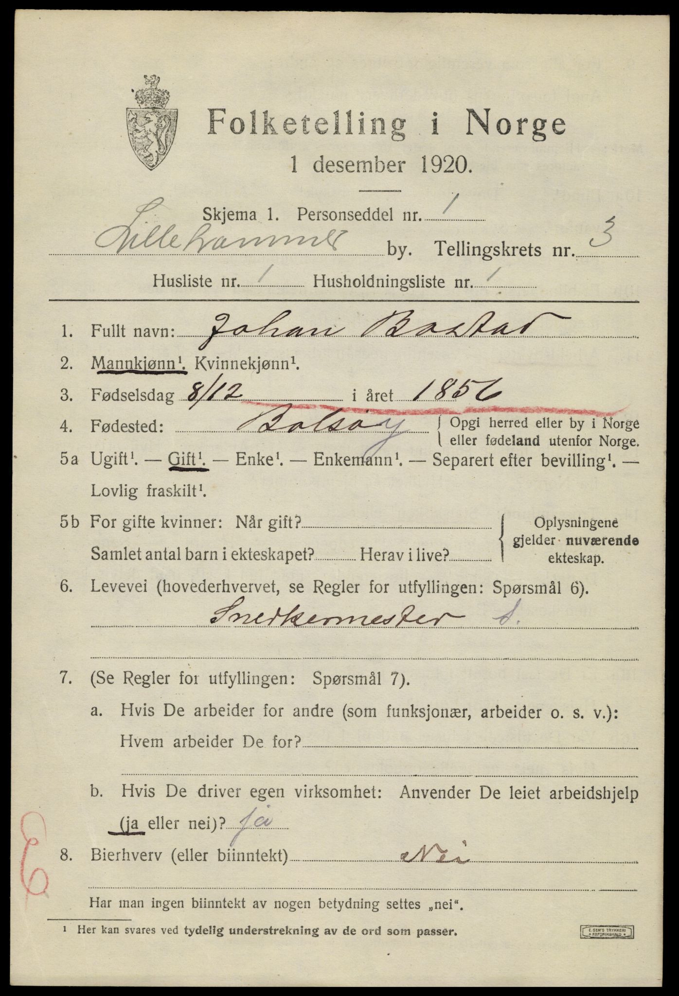 SAH, 1920 census for Lillehammer, 1920, p. 5626