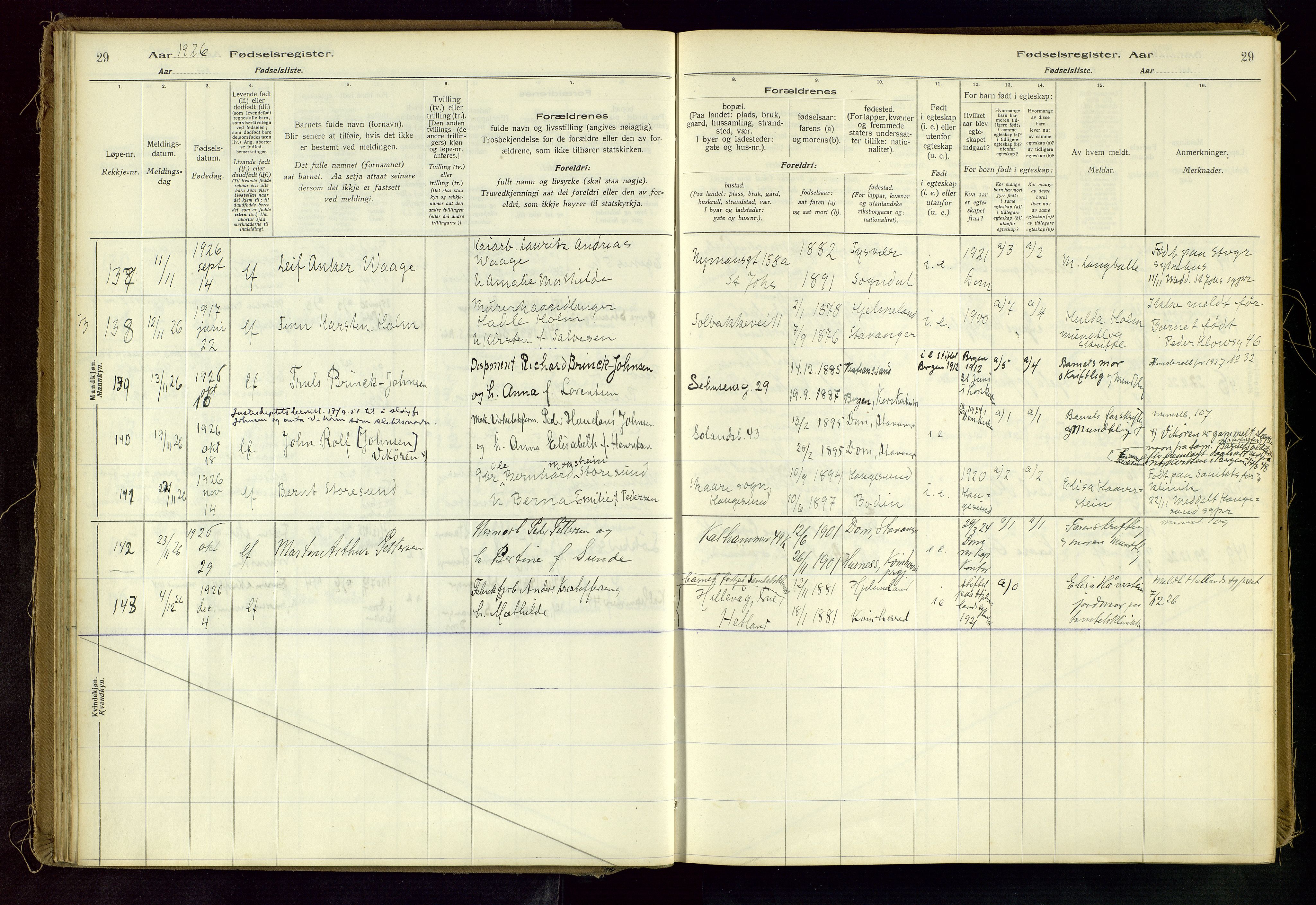 Domkirken sokneprestkontor, AV/SAST-A-101812/002/A/L0001: Birth register no. 1, 1925-1932, p. 29