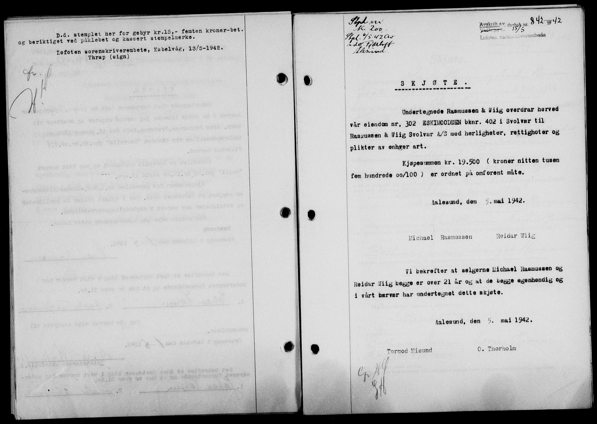 Lofoten sorenskriveri, SAT/A-0017/1/2/2C/L0009a: Mortgage book no. 9a, 1941-1942, Diary no: : 842/1942