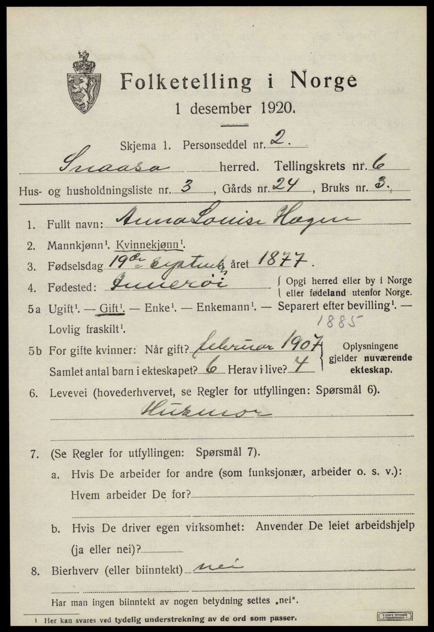 SAT, 1920 census for Snåsa, 1920, p. 2588