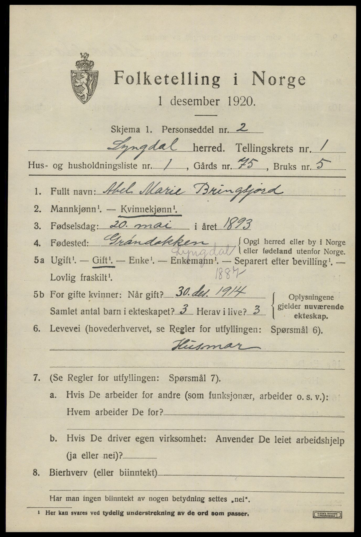 SAK, 1920 census for Lyngdal, 1920, p. 1325