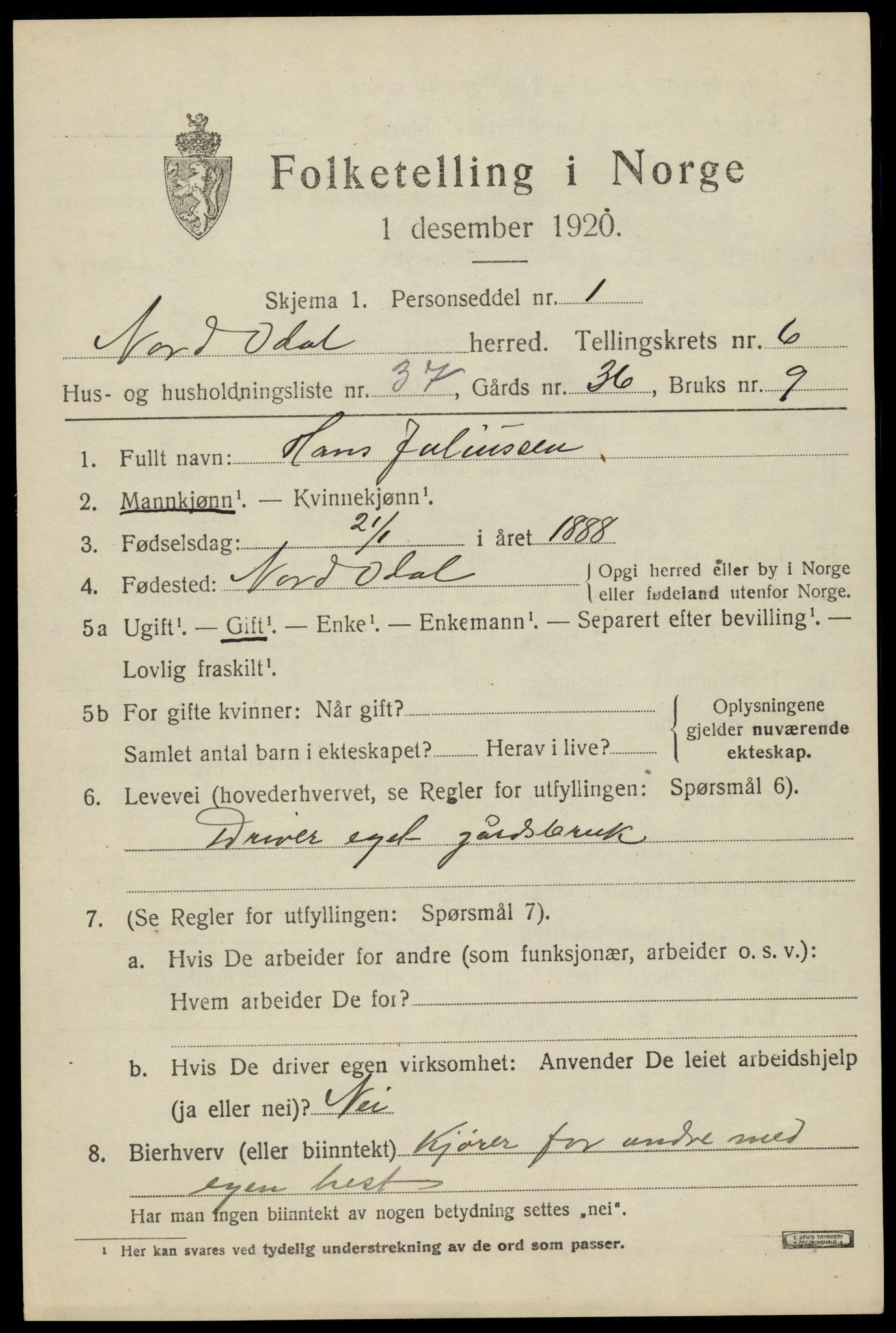 SAH, 1920 census for Nord-Odal, 1920, p. 7011