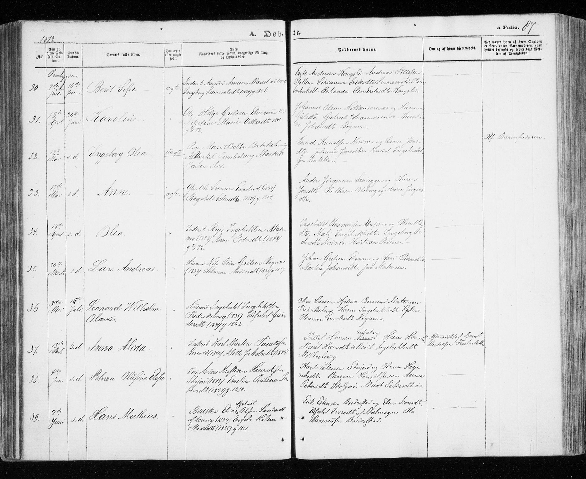 Målselv sokneprestembete, SATØ/S-1311/G/Ga/Gaa/L0004kirke: Parish register (official) no. 4, 1863-1872, p. 87