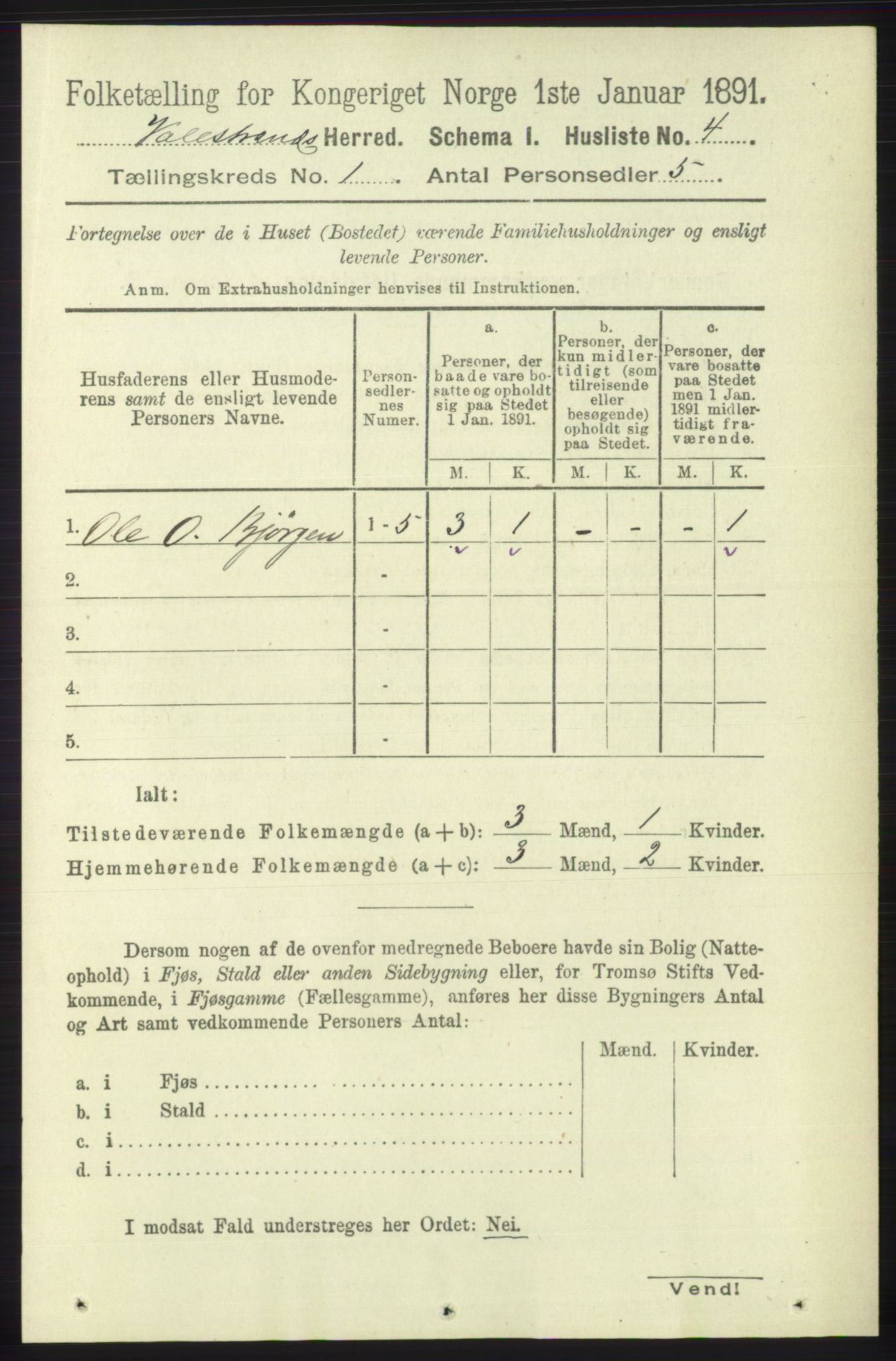 RA, 1891 census for 1217 Valestrand, 1891, p. 19