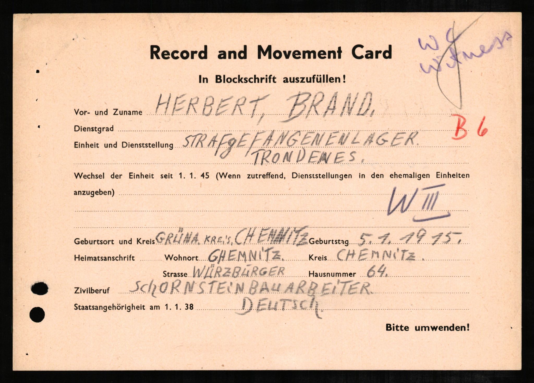 Forsvaret, Forsvarets overkommando II, AV/RA-RAFA-3915/D/Db/L0004: CI Questionaires. Tyske okkupasjonsstyrker i Norge. Tyskere., 1945-1946, p. 71