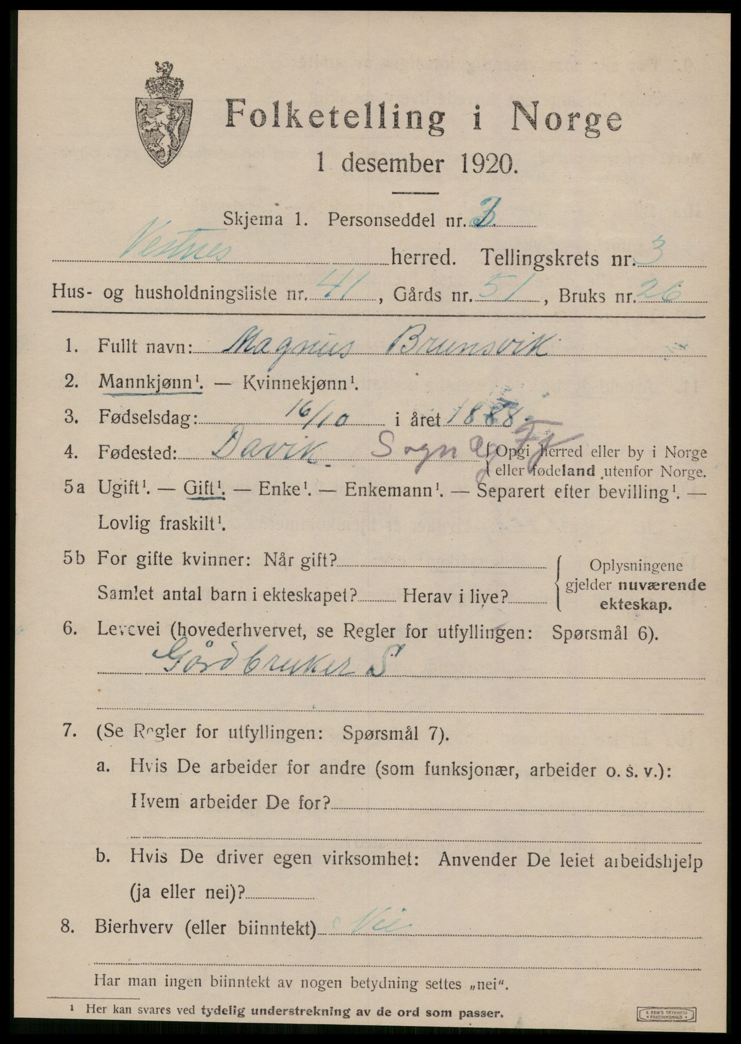 SAT, 1920 census for Vestnes, 1920, p. 3107