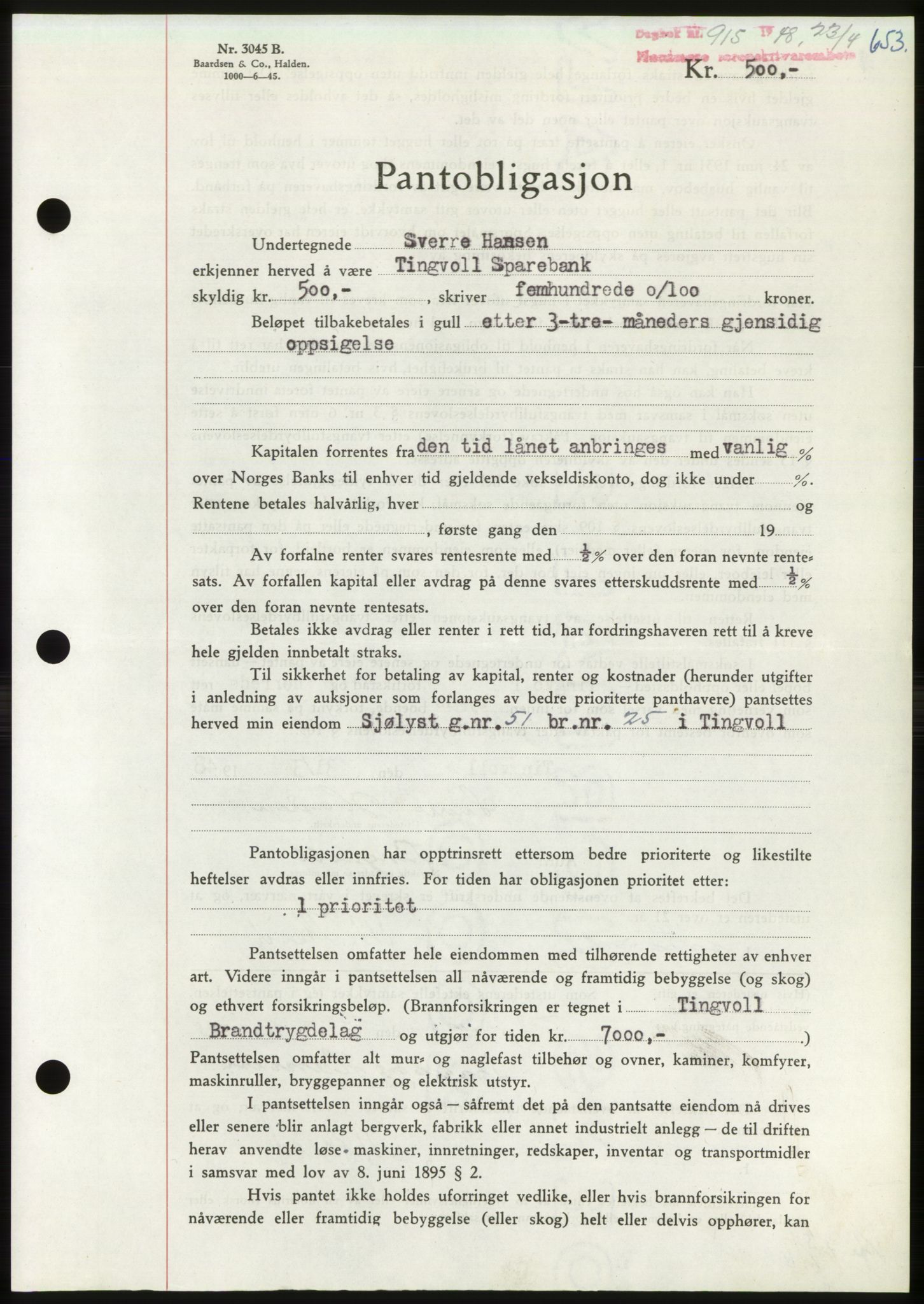 Nordmøre sorenskriveri, AV/SAT-A-4132/1/2/2Ca: Mortgage book no. B98, 1948-1948, Diary no: : 915/1948