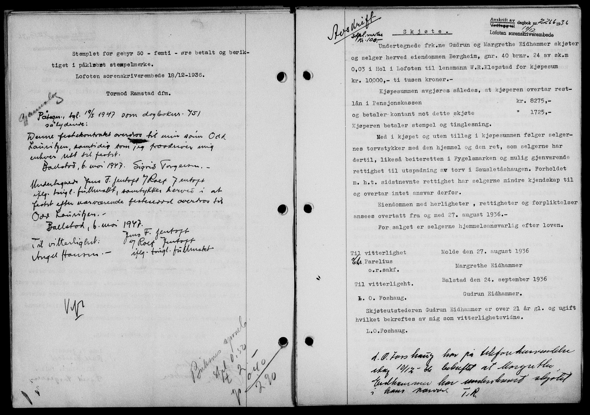 Lofoten sorenskriveri, SAT/A-0017/1/2/2C/L0001a: Mortgage book no. 1a, 1936-1937, Diary no: : 2266/1936