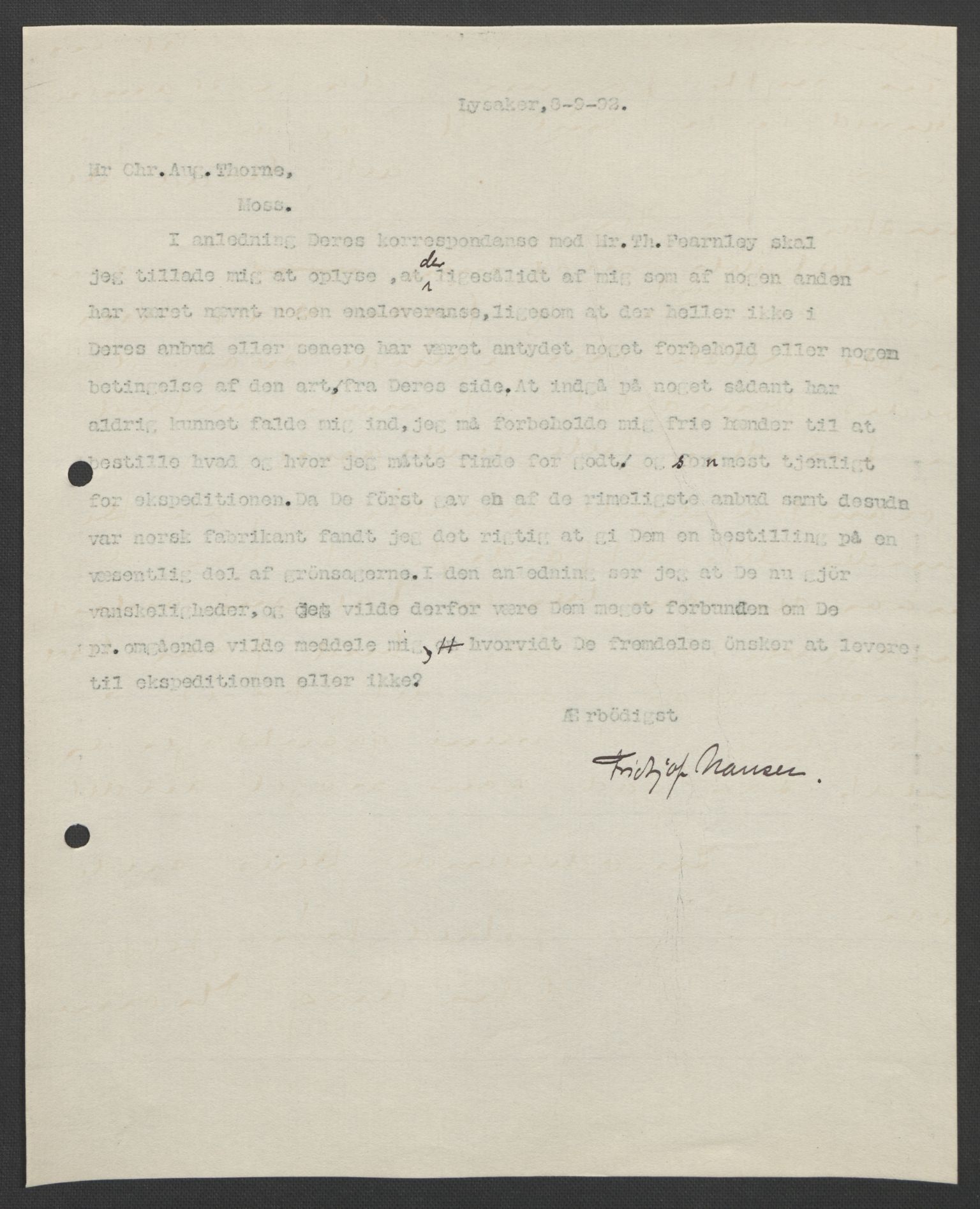 Arbeidskomitéen for Fridtjof Nansens polarekspedisjon, AV/RA-PA-0061/D/L0004: Innk. brev og telegrammer vedr. proviant og utrustning, 1892-1893, p. 566