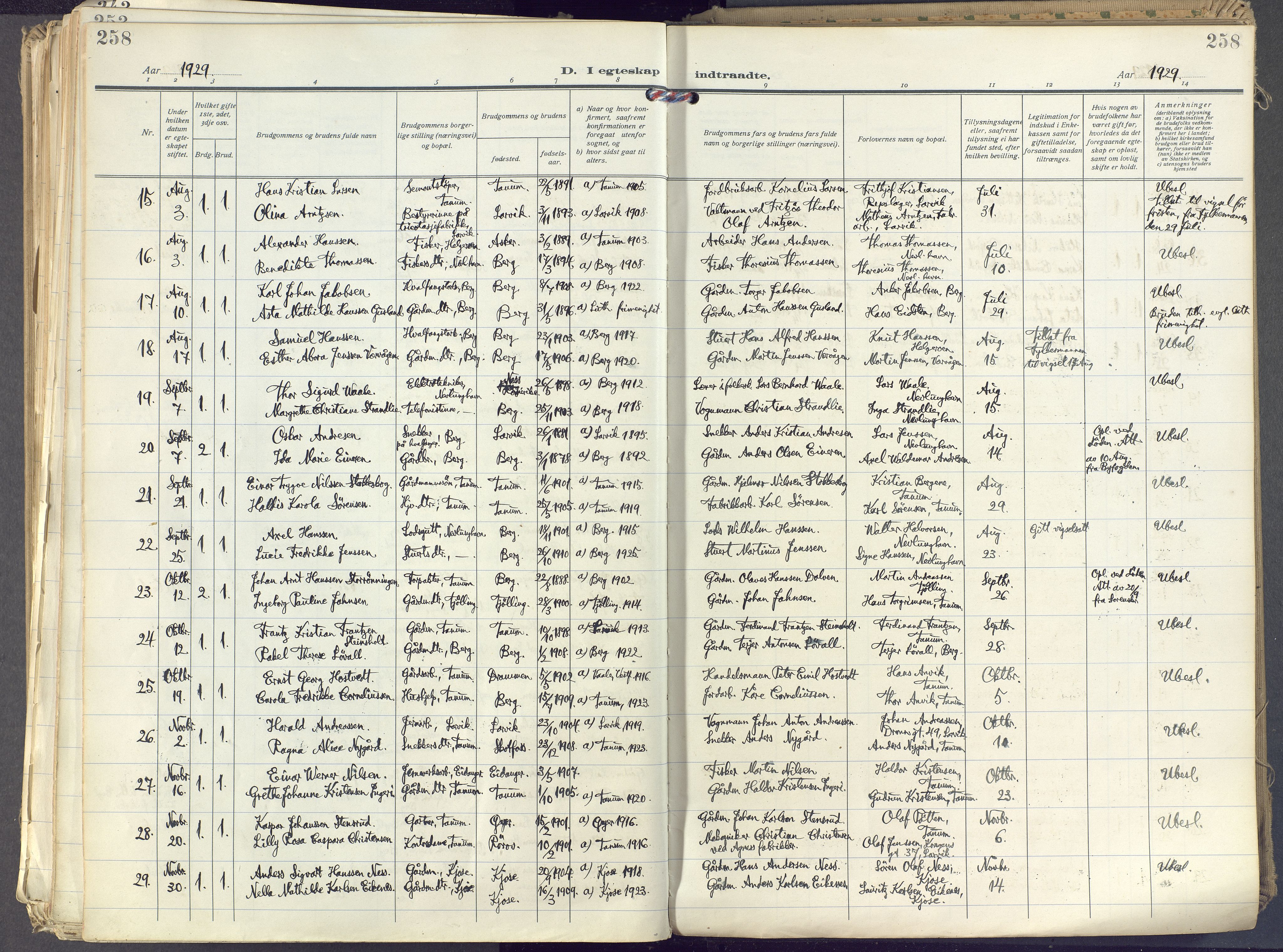 Brunlanes kirkebøker, AV/SAKO-A-342/F/Fc/L0004: Parish register (official) no. III 4, 1923-1943, p. 258