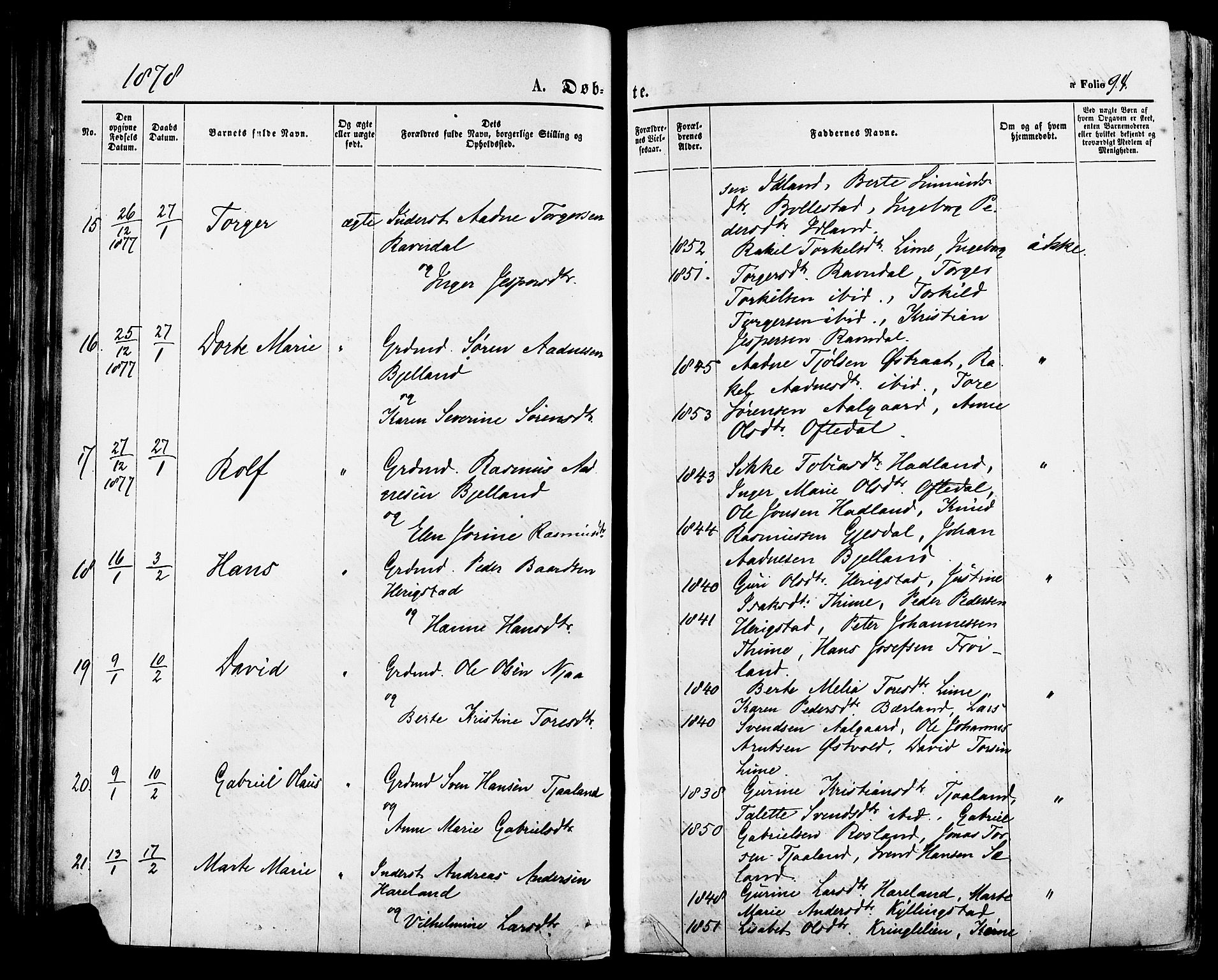Lye sokneprestkontor, SAST/A-101794/001/30BA/L0008: Parish register (official) no. A 7, 1872-1881, p. 94