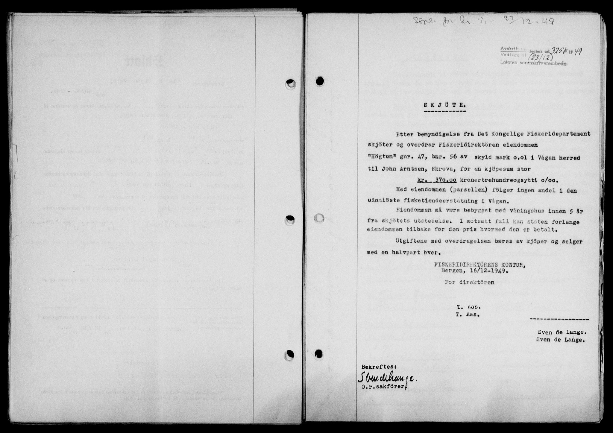 Lofoten sorenskriveri, SAT/A-0017/1/2/2C/L0022a: Mortgage book no. 22a, 1949-1950, Diary no: : 3256/1949