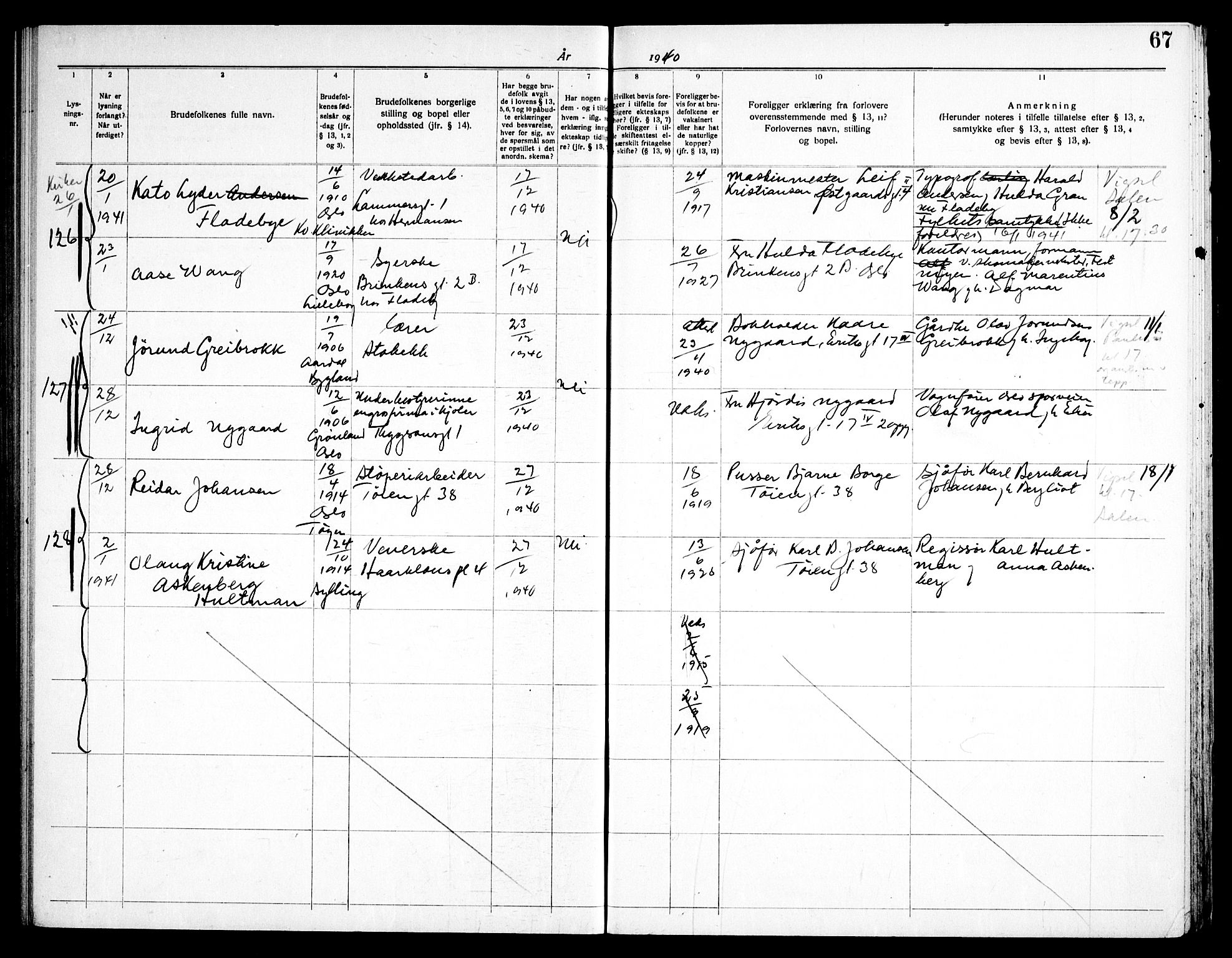 Torshov prestekontor Kirkebøker, SAO/A-10238a/H/Ha/L0002: Banns register no. 2, 1938-1945, p. 67