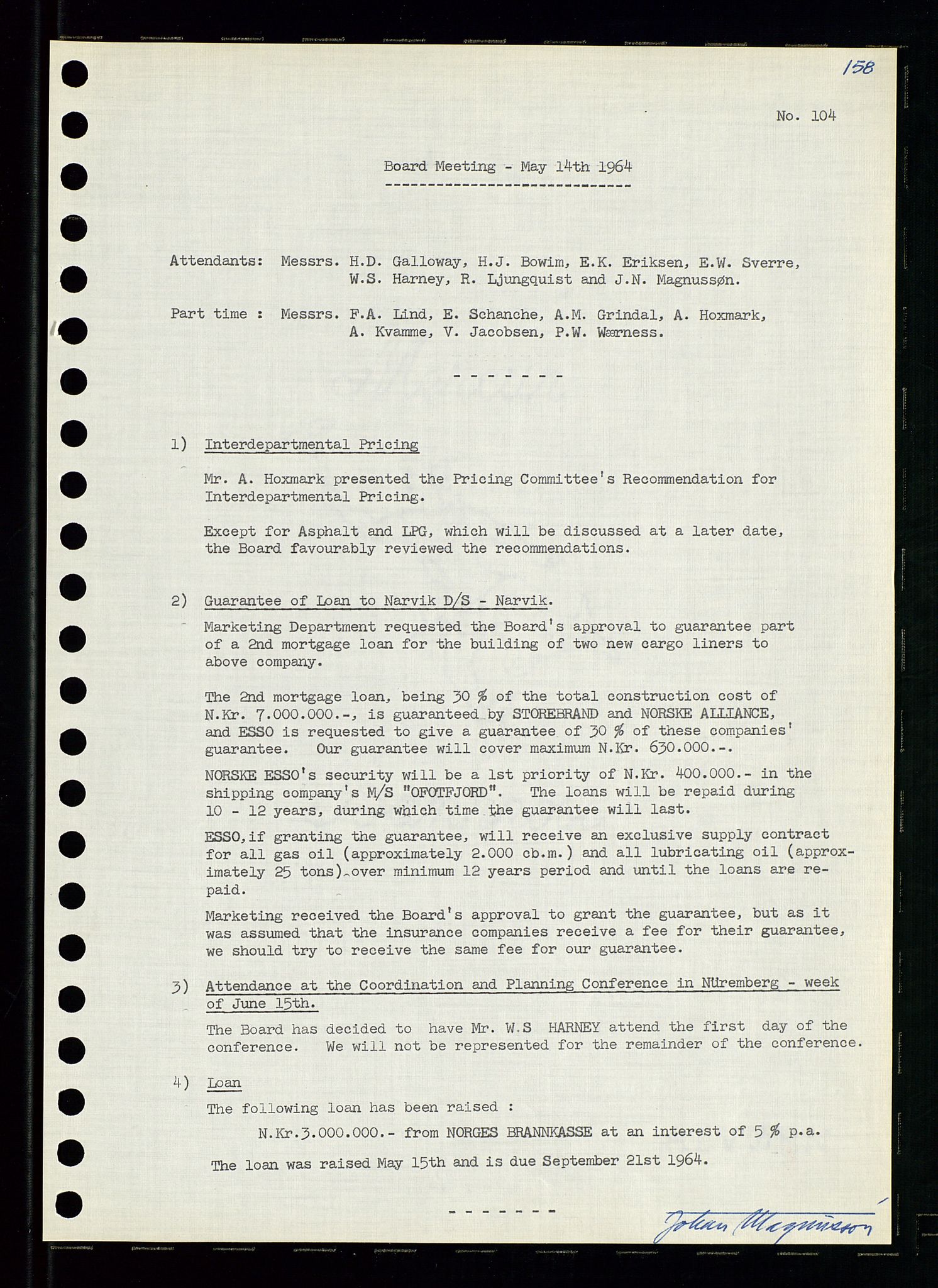 Pa 0982 - Esso Norge A/S, AV/SAST-A-100448/A/Aa/L0001/0004: Den administrerende direksjon Board minutes (styrereferater) / Den administrerende direksjon Board minutes (styrereferater), 1963-1964, p. 104