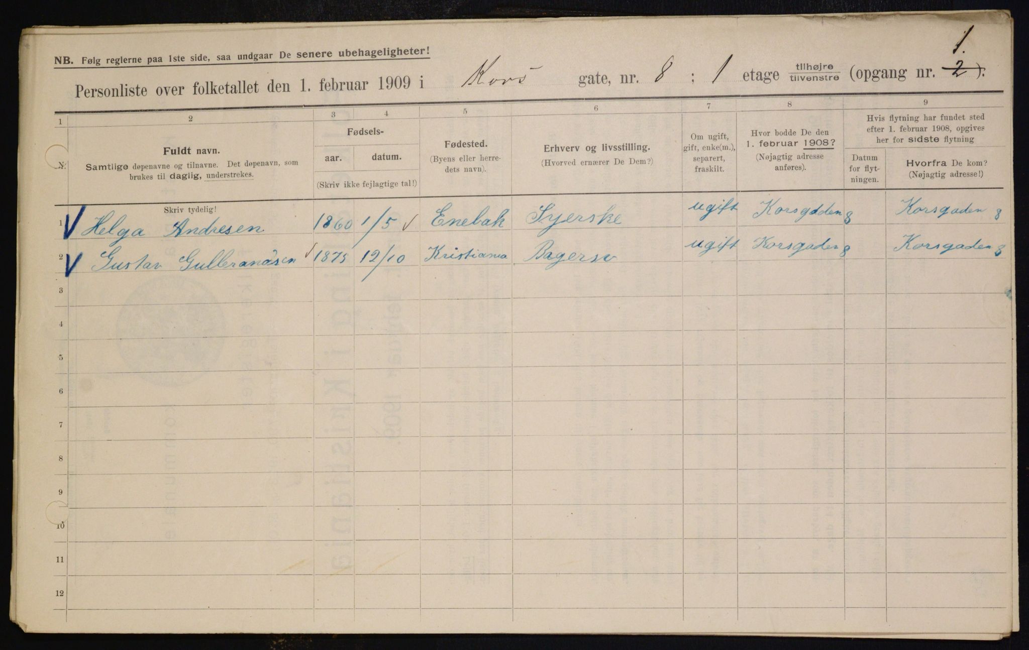 OBA, Municipal Census 1909 for Kristiania, 1909, p. 49052