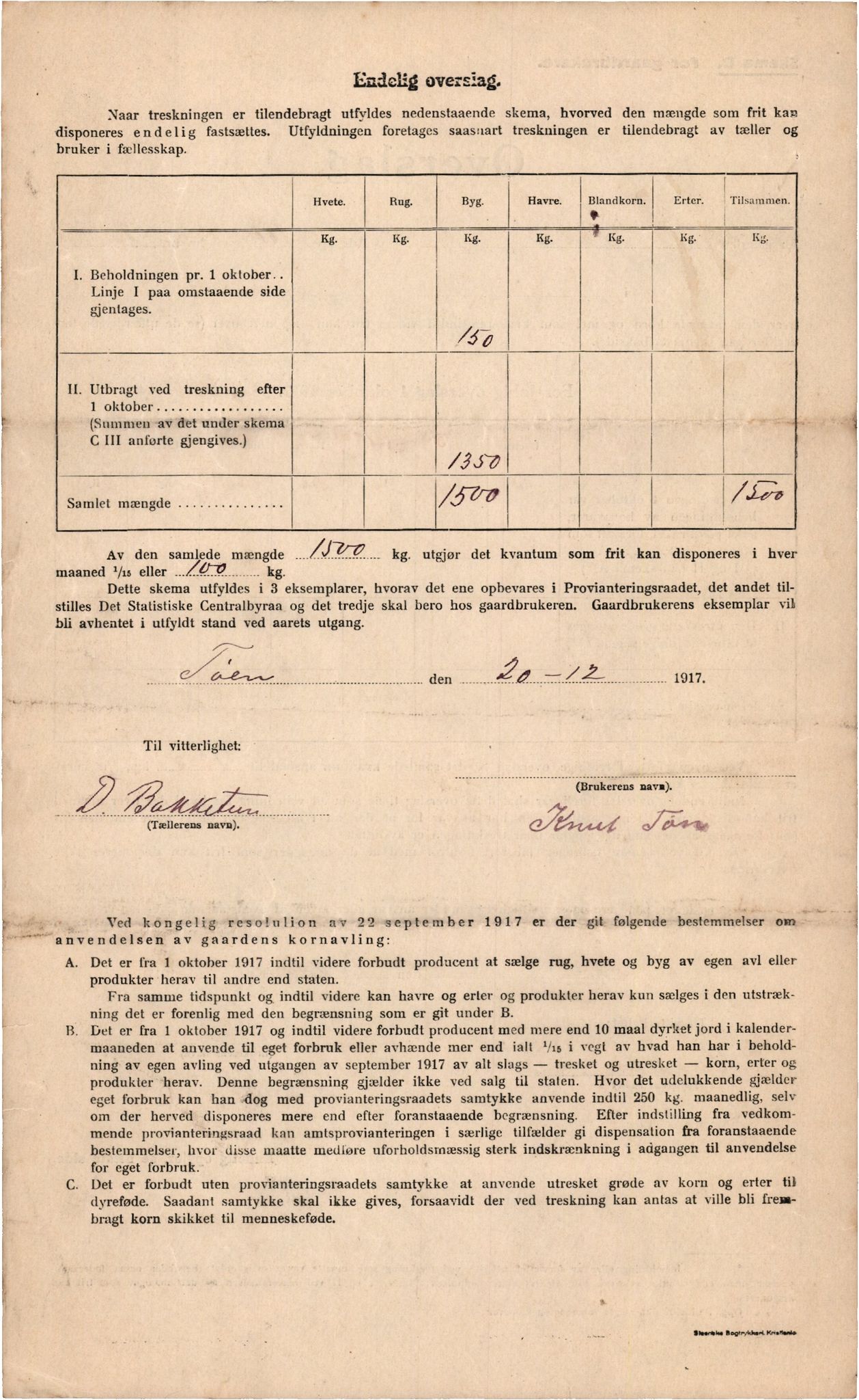 Voss kommune. Provianteringsrådet, IKAH/1235-840/F/Fa/L0001/0005: Kornteljinga. Oppgåve over gardbrukarar / Kornteljinga gnr. 100 Tøn – gnr. 140 Skiple , 1917