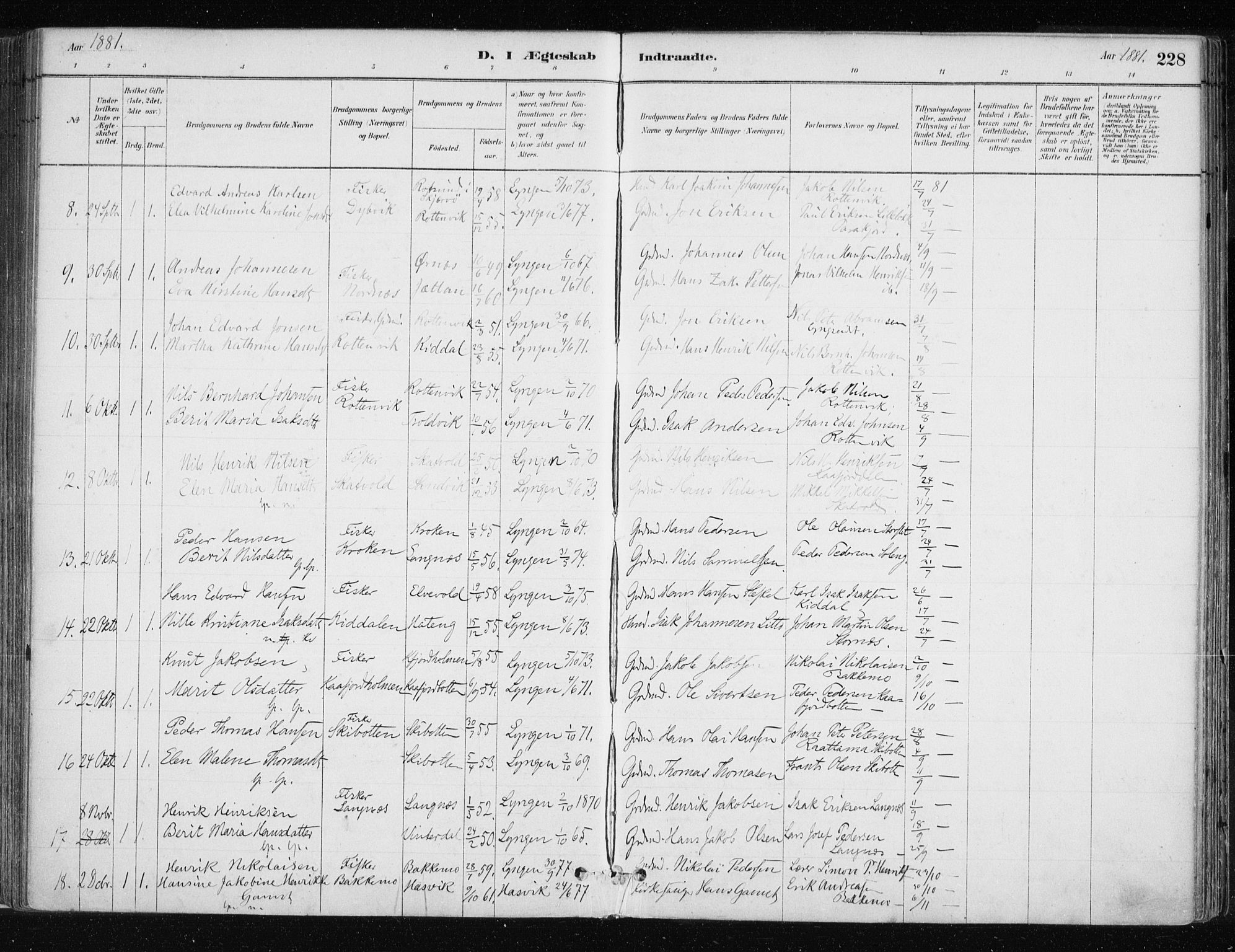 Lyngen sokneprestembete, AV/SATØ-S-1289/H/He/Hea/L0007kirke: Parish register (official) no. 7, 1879-1890, p. 228