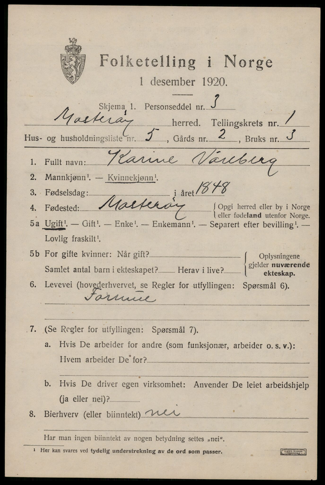 SAST, 1920 census for Mosterøy, 1920, p. 584