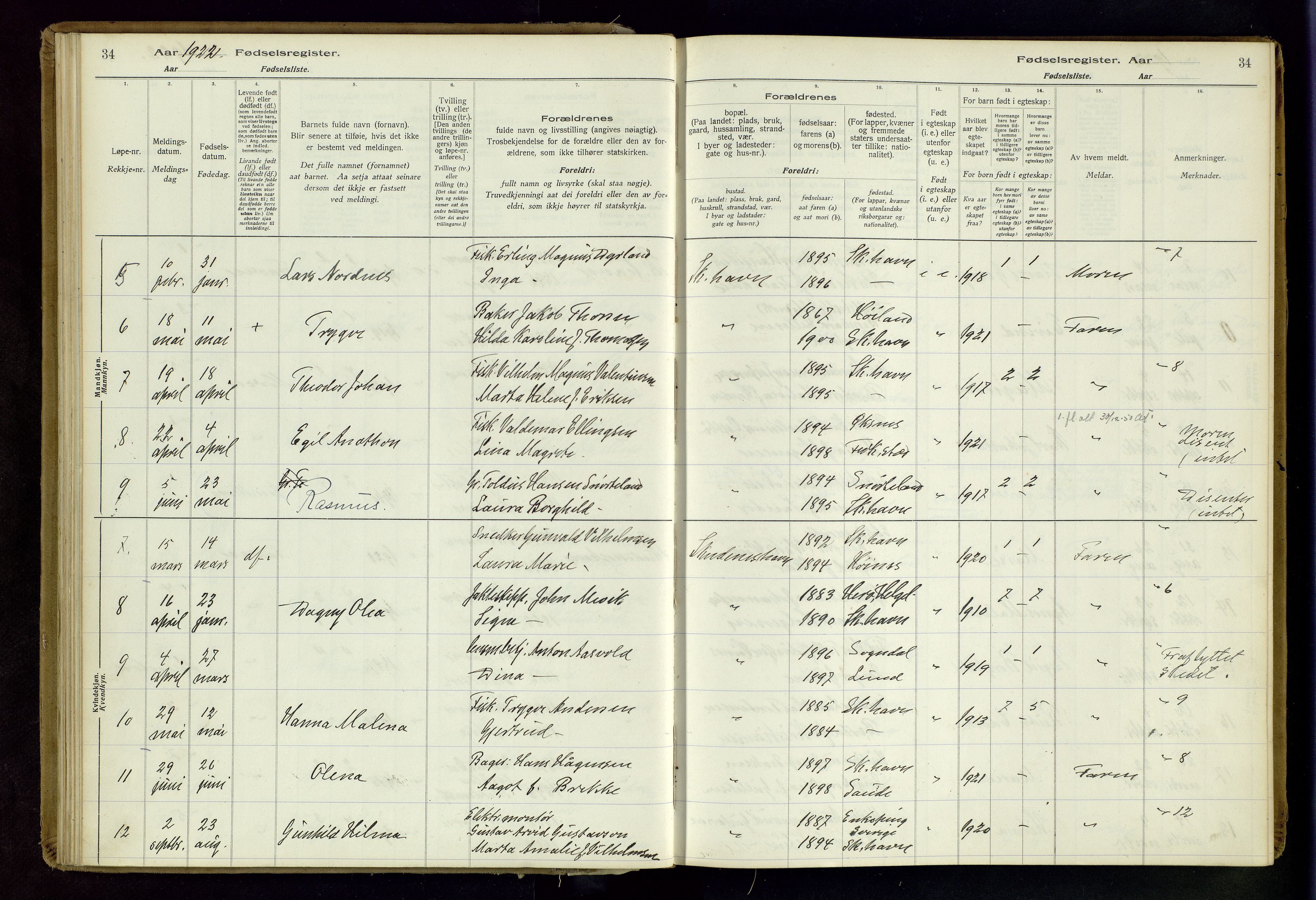 Skudenes sokneprestkontor, AV/SAST-A -101849/I/Id/L0003: Birth register no. 3, 1916-1964, p. 34