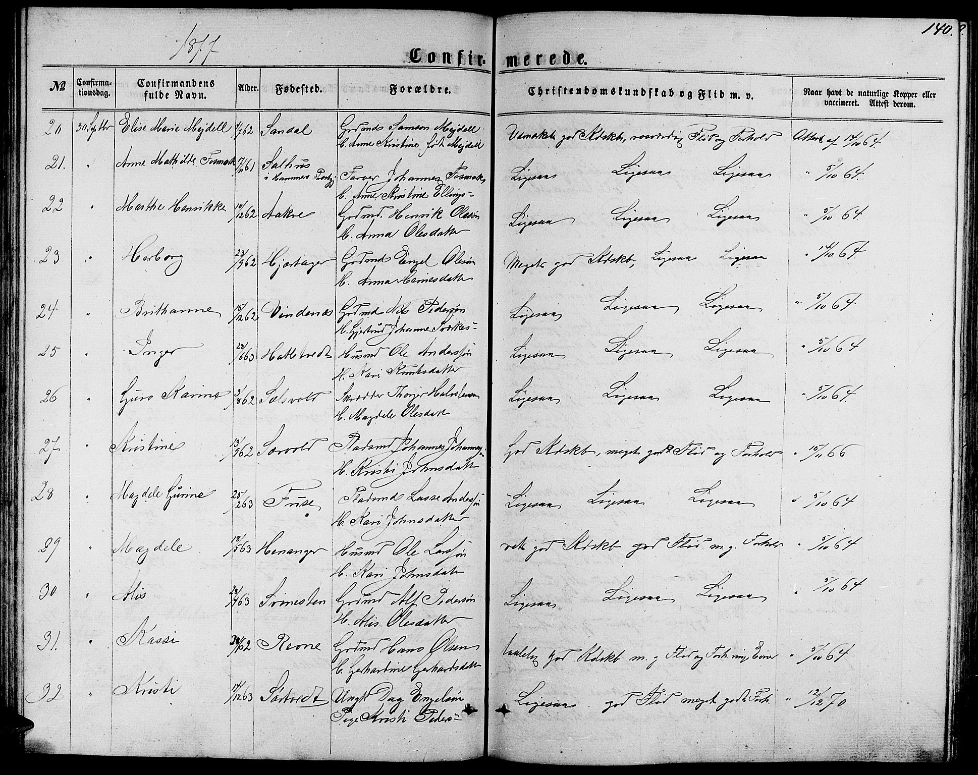 Fusa sokneprestembete, SAB/A-75401/H/Hab: Parish register (copy) no. C 1, 1861-1885, p. 140