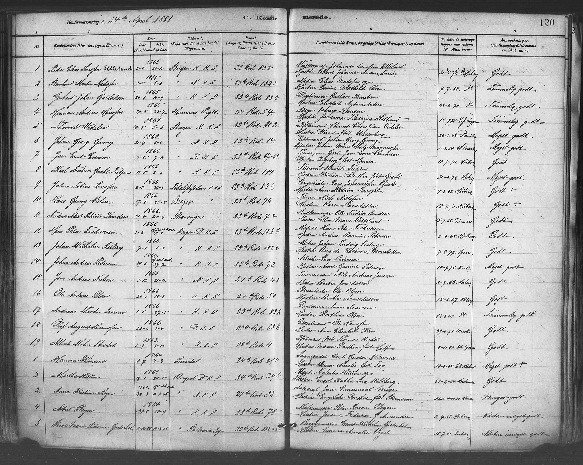 Mariakirken Sokneprestembete, SAB/A-76901/H/Haa/L0007: Parish register (official) no. A 7, 1878-1893, p. 120