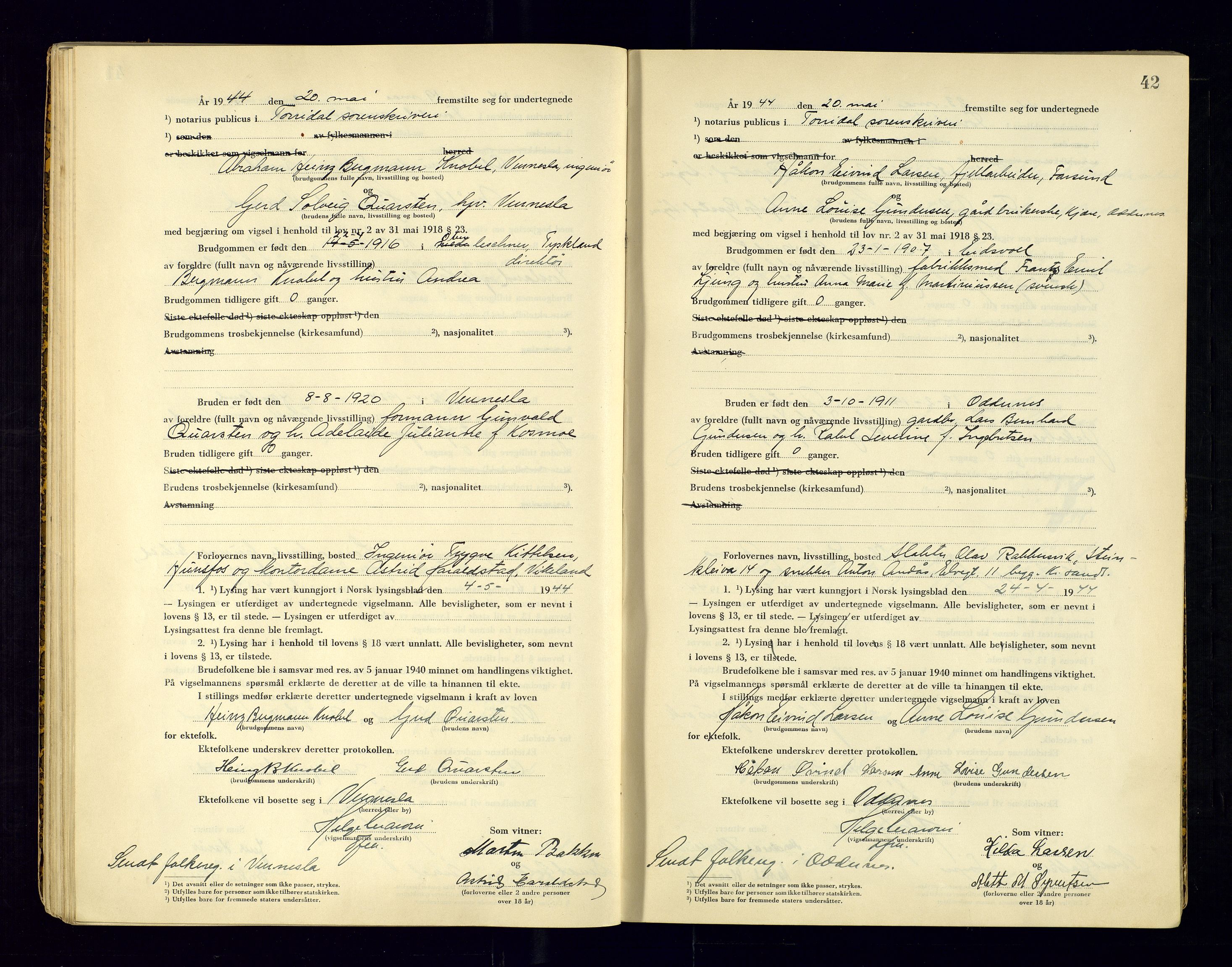 Torridal sorenskriveri, AV/SAK-1221-0012/L/Ld/L0004: Vigselbok nr. 2, 1943-1946, p. 42
