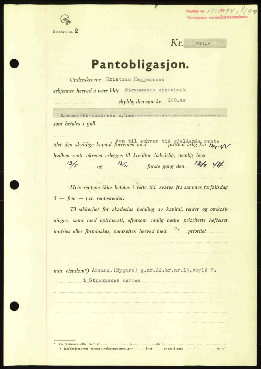 Nordmøre sorenskriveri, AV/SAT-A-4132/1/2/2Ca: Mortgage book no. B92, 1944-1945, Diary no: : 1551/1944