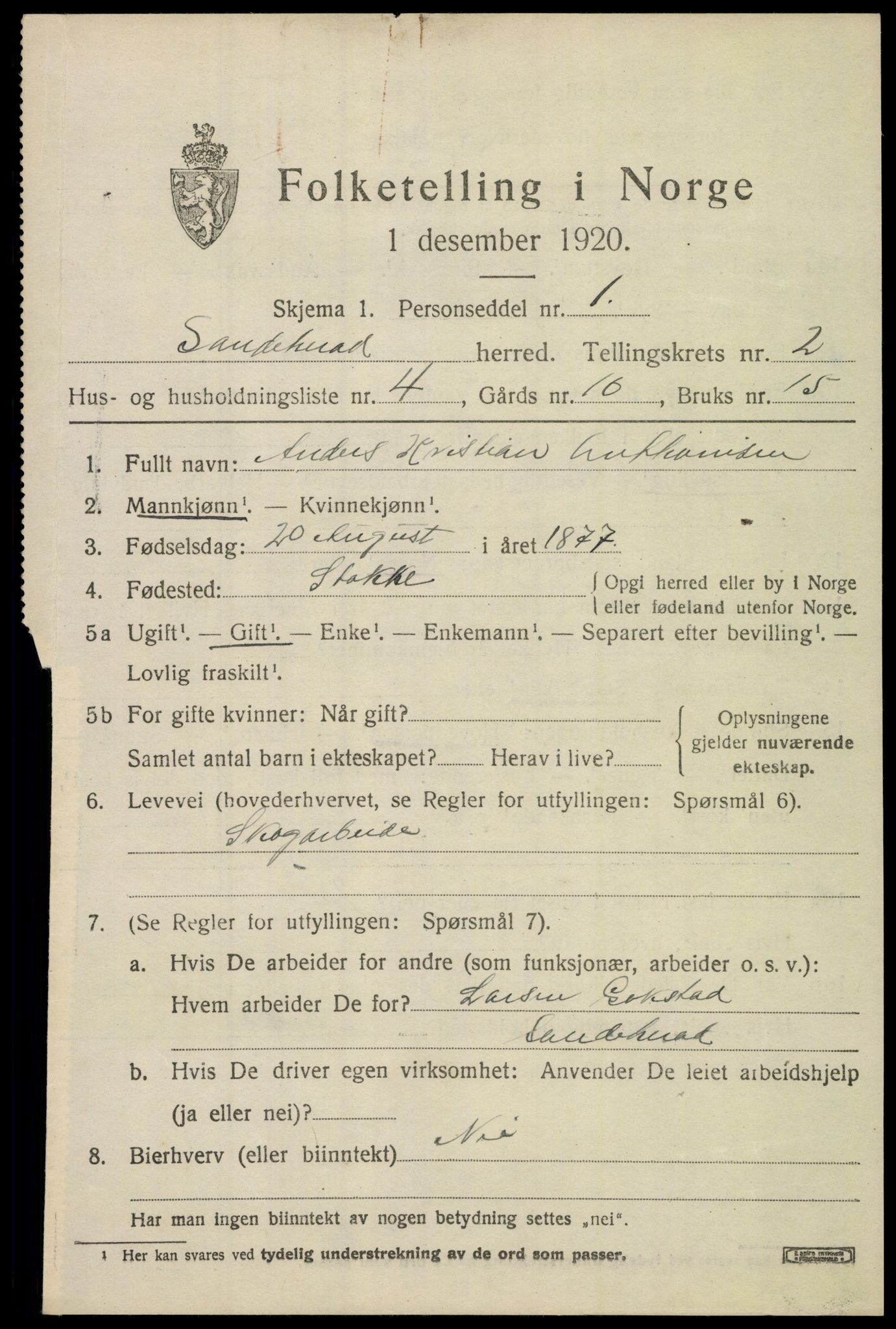SAKO, 1920 census for Sandeherred, 1920, p. 4140