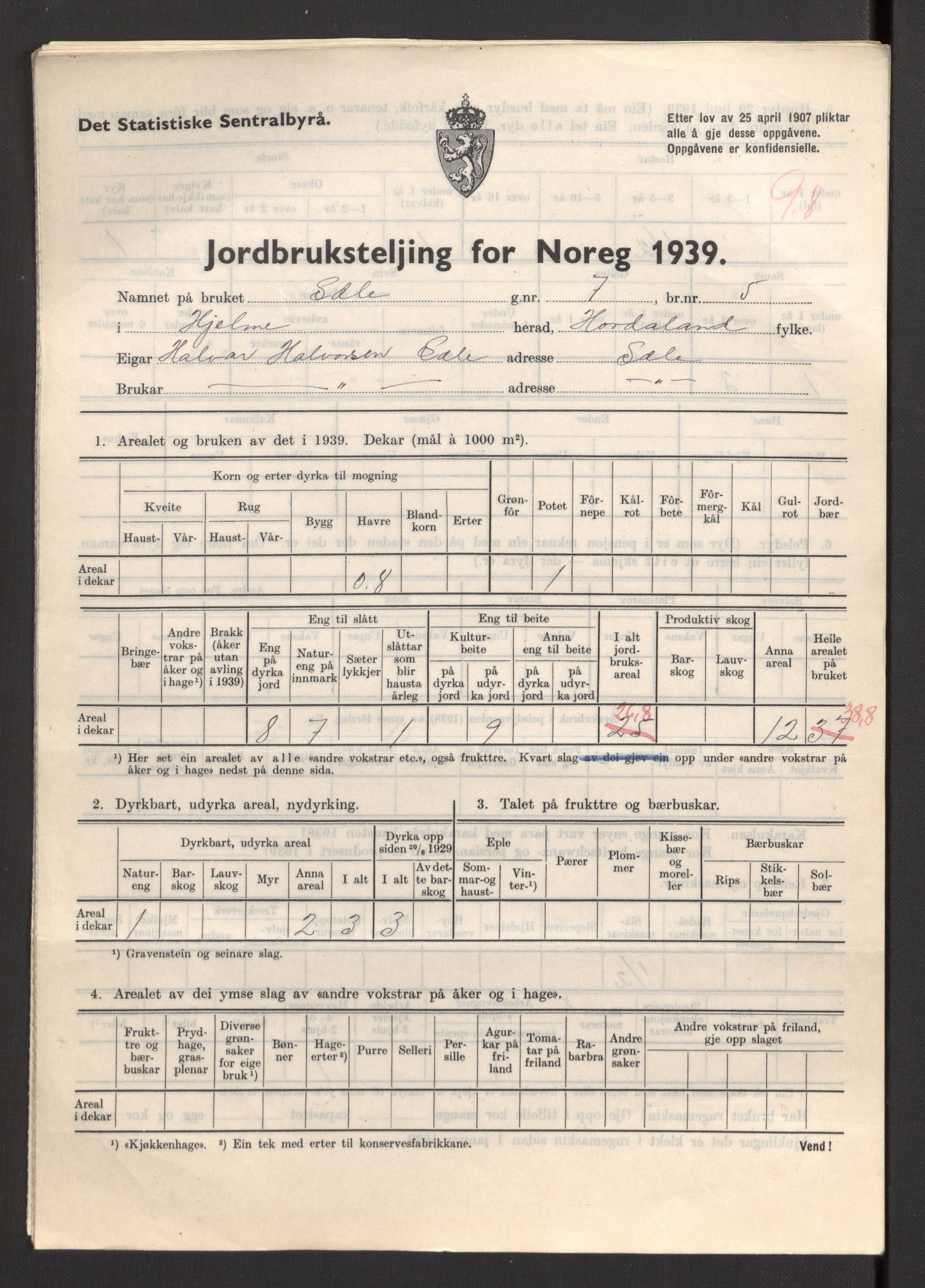 Statistisk sentralbyrå, Næringsøkonomiske emner, Jordbruk, skogbruk, jakt, fiske og fangst, AV/RA-S-2234/G/Gb/L0211: Hordaland: Herdla, Hjelme og Manger, 1939, p. 1345