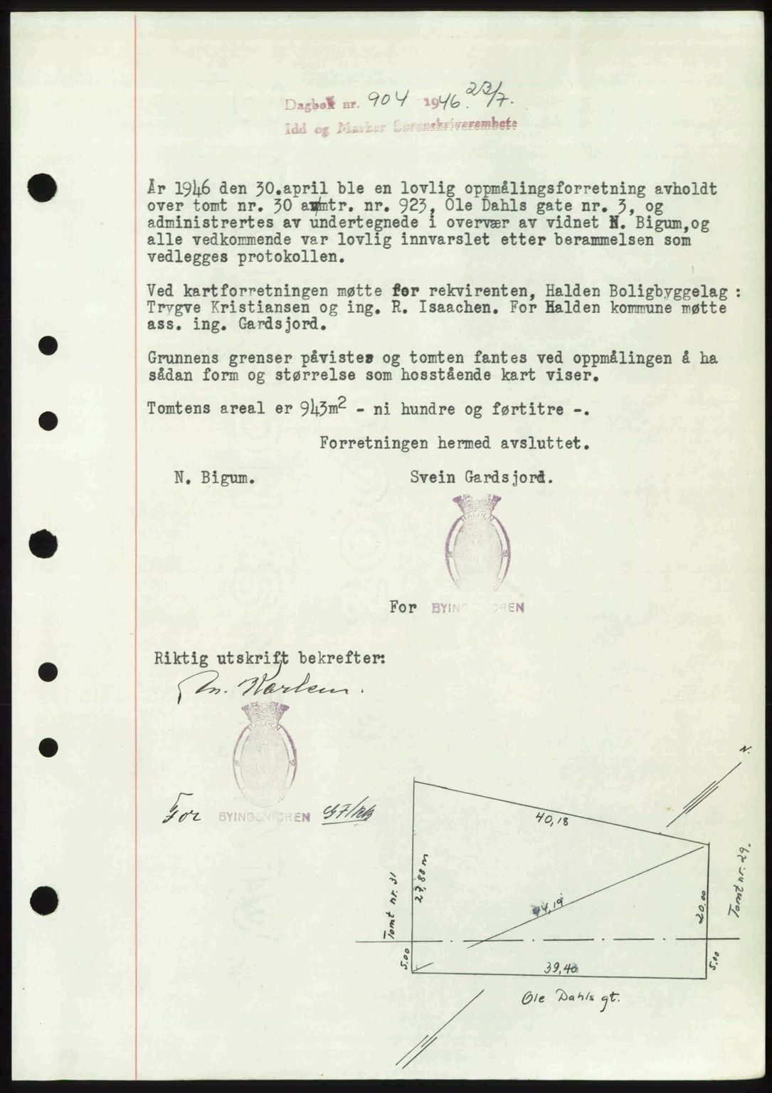 Idd og Marker sorenskriveri, AV/SAO-A-10283/G/Gb/Gbb/L0008: Mortgage book no. A8, 1946-1946, Diary no: : 904/1946