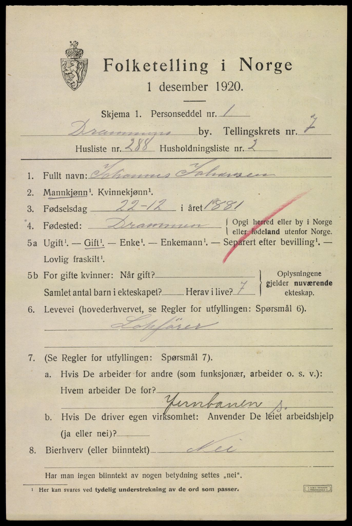 SAKO, 1920 census for Drammen, 1920, p. 52659