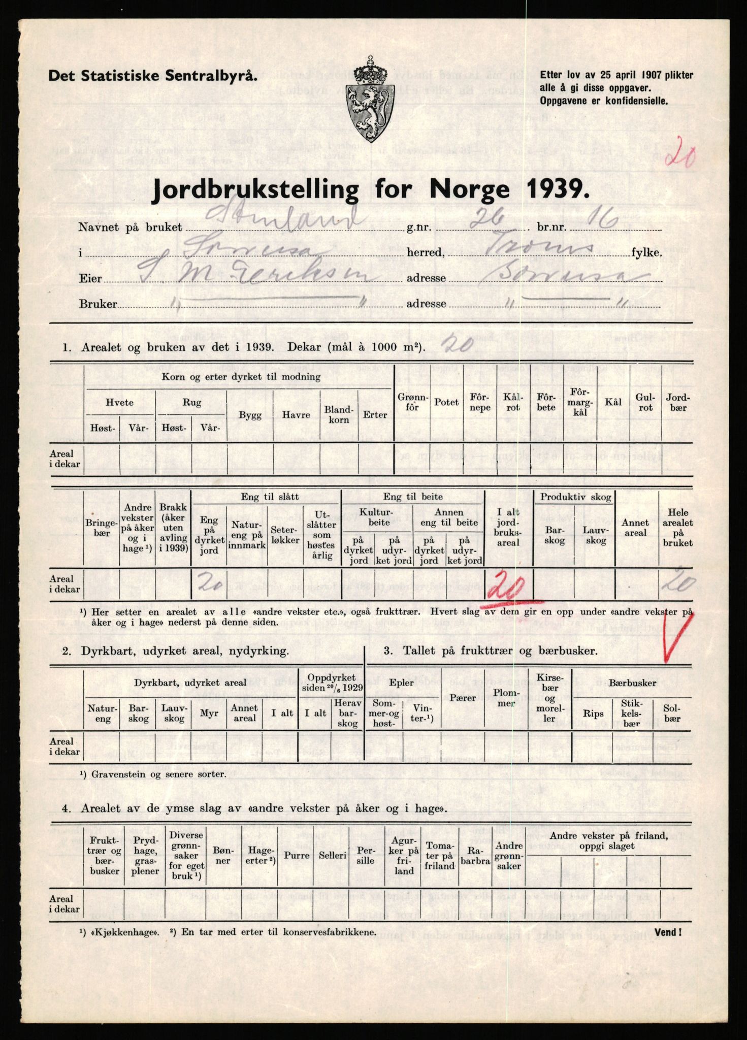 Statistisk sentralbyrå, Næringsøkonomiske emner, Jordbruk, skogbruk, jakt, fiske og fangst, AV/RA-S-2234/G/Gb/L0341: Troms: Sørreisa og Tranøy, 1939, p. 147