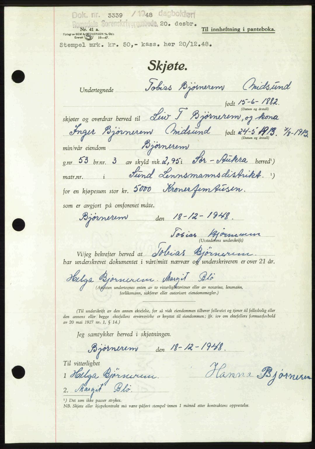 Romsdal sorenskriveri, AV/SAT-A-4149/1/2/2C: Mortgage book no. A28, 1948-1949, Diary no: : 3339/1948