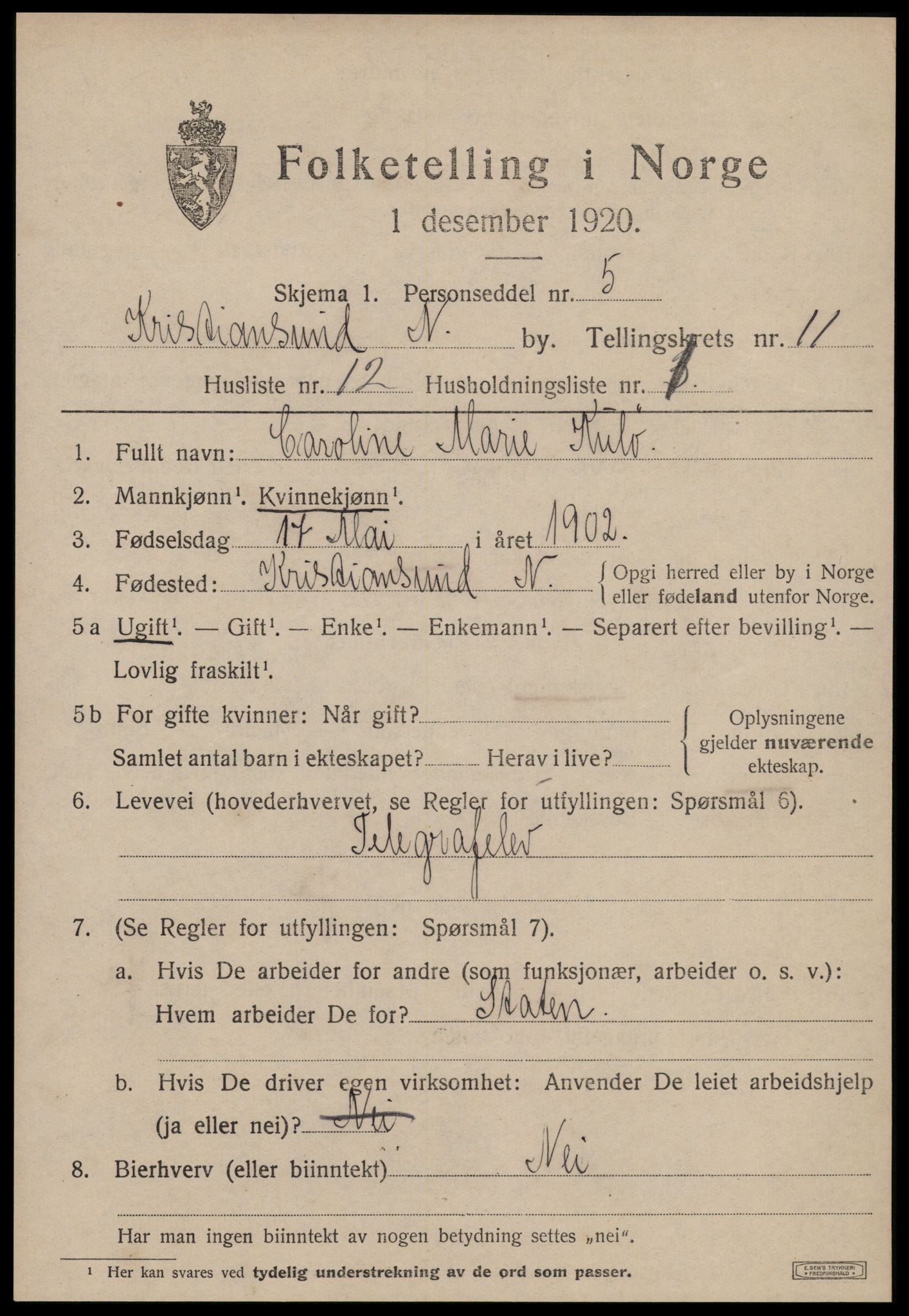 SAT, 1920 census for Kristiansund, 1920, p. 24297