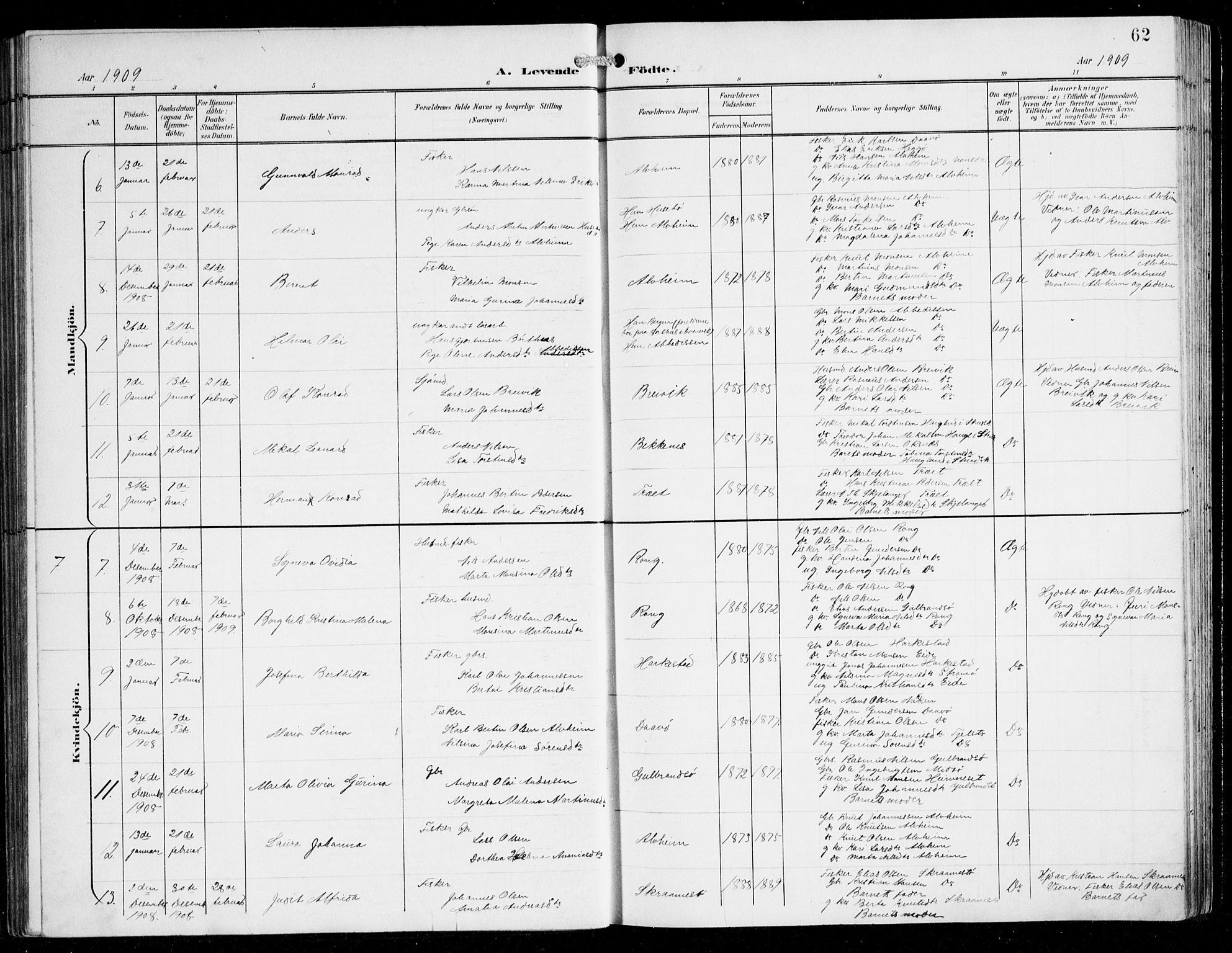 Herdla Sokneprestembete, SAB/A-75701/H/Hab: Parish register (copy) no. C 1, 1900-1913, p. 62