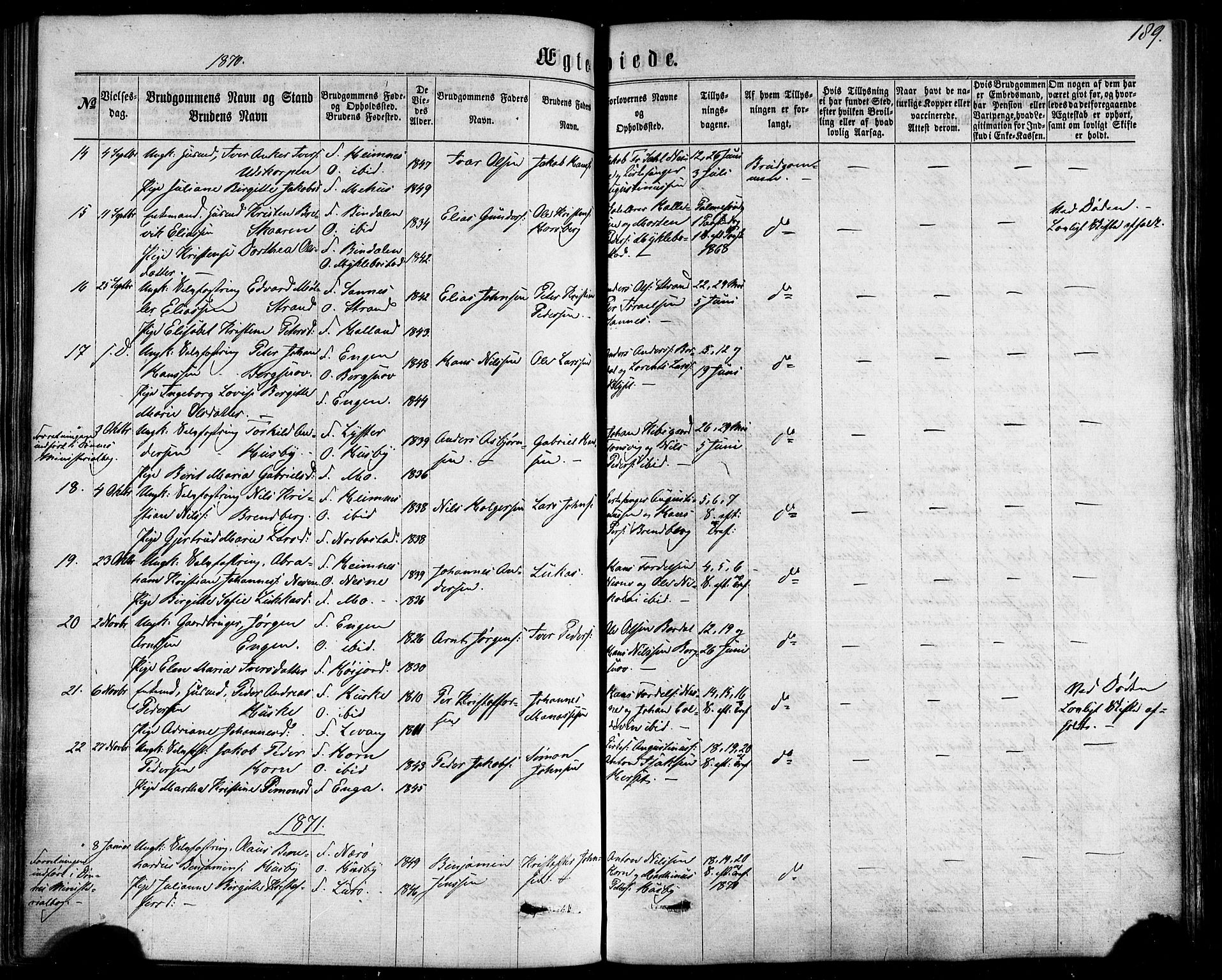 Ministerialprotokoller, klokkerbøker og fødselsregistre - Nordland, AV/SAT-A-1459/838/L0551: Parish register (official) no. 838A09, 1864-1880, p. 189