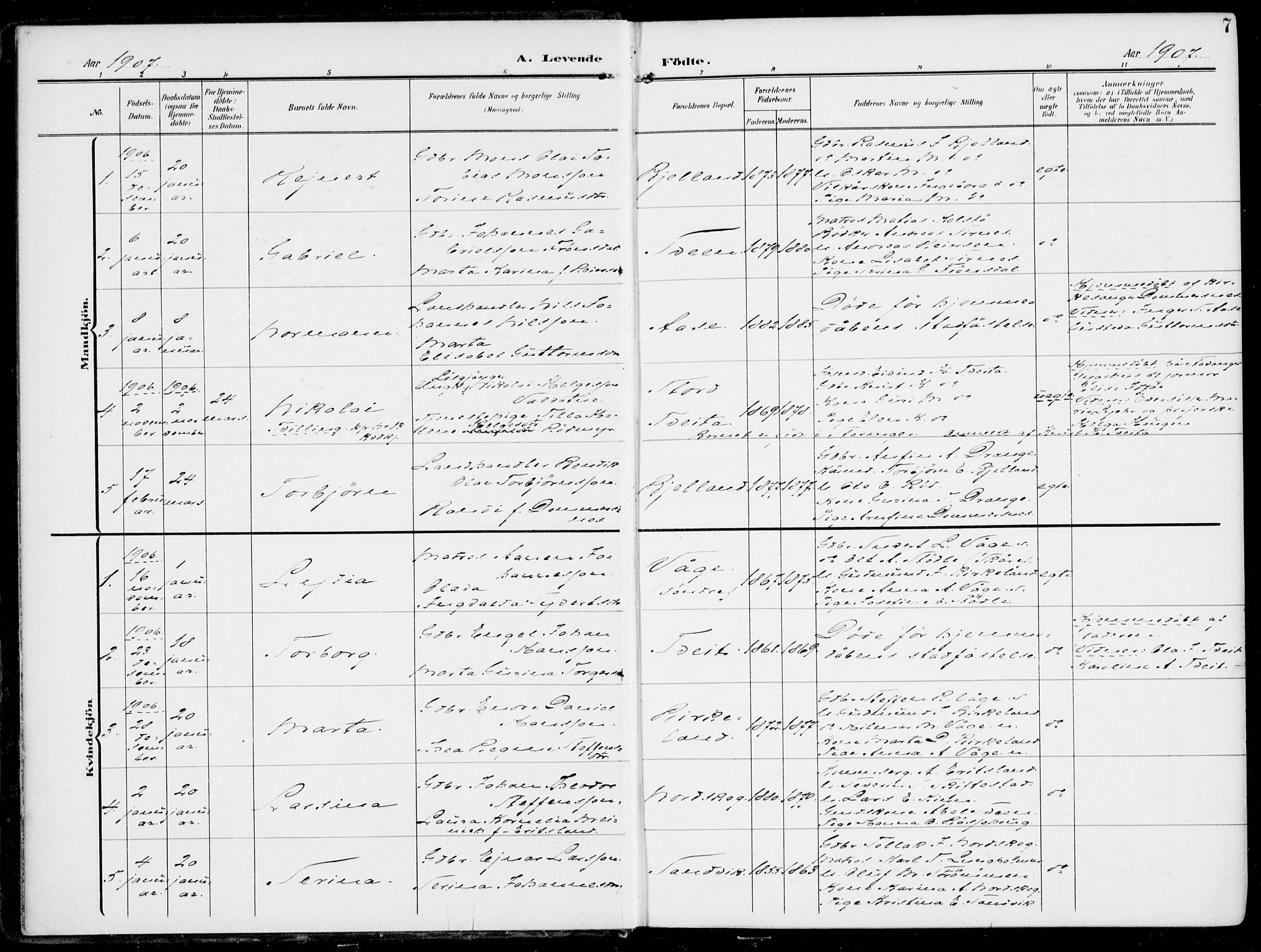 Sveio Sokneprestembete, SAB/A-78501/H/Haa: Parish register (official) no. B  4, 1906-1919, p. 7