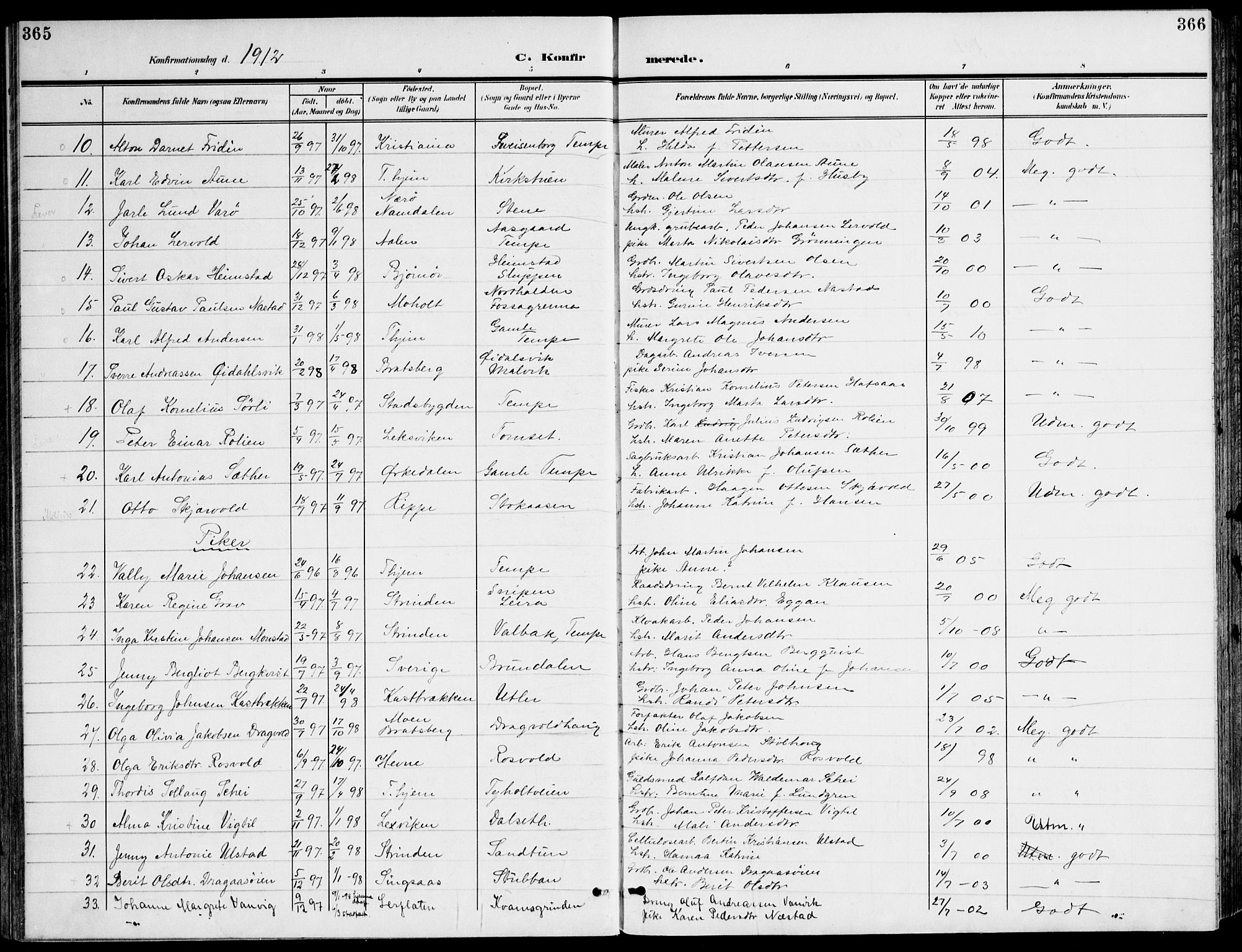 Ministerialprotokoller, klokkerbøker og fødselsregistre - Sør-Trøndelag, SAT/A-1456/607/L0320: Parish register (official) no. 607A04, 1907-1915, p. 365-366