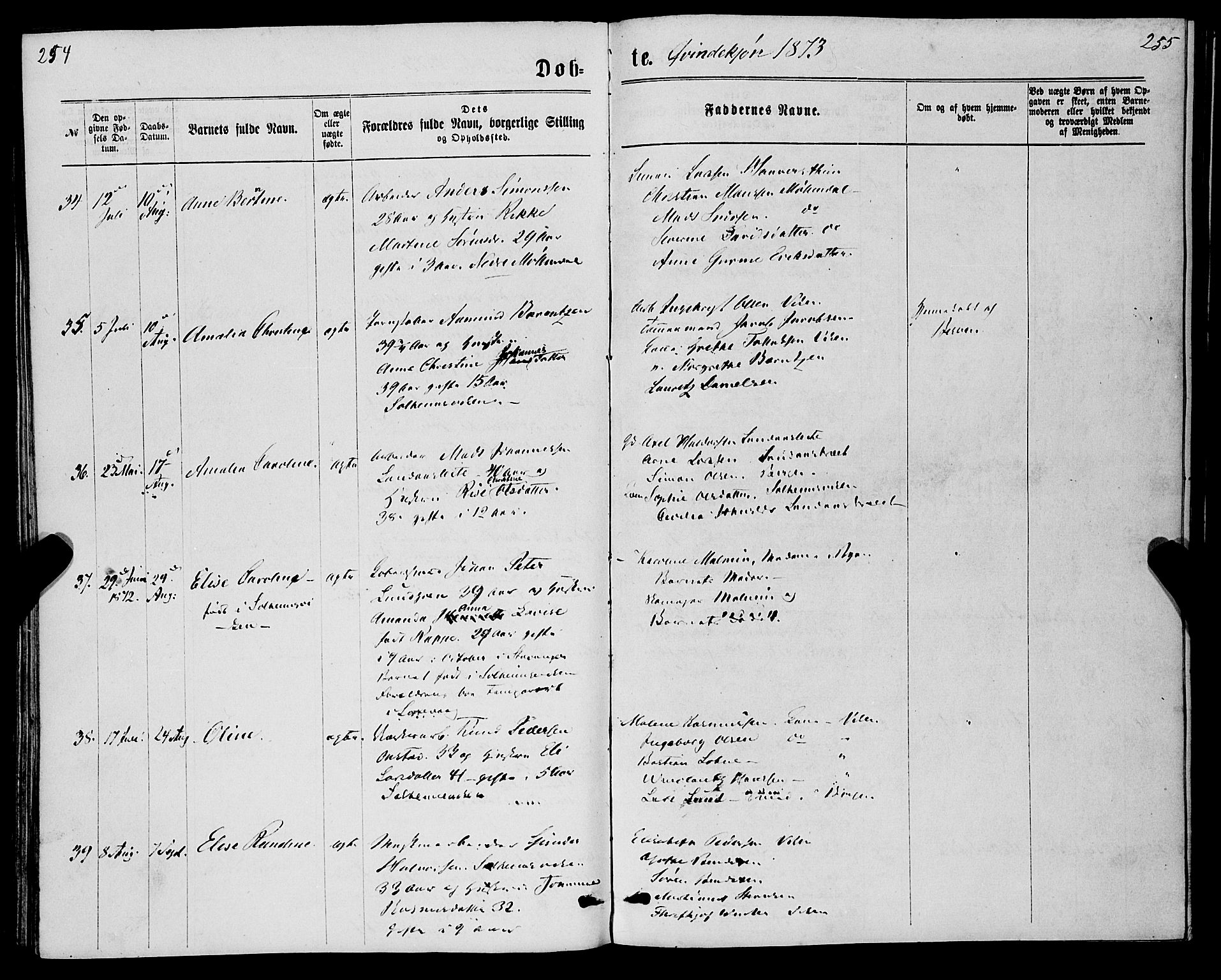 St. Jørgens hospital og Årstad sokneprestembete, AV/SAB-A-99934: Parish register (official) no. A 6, 1870-1878, p. 254-255