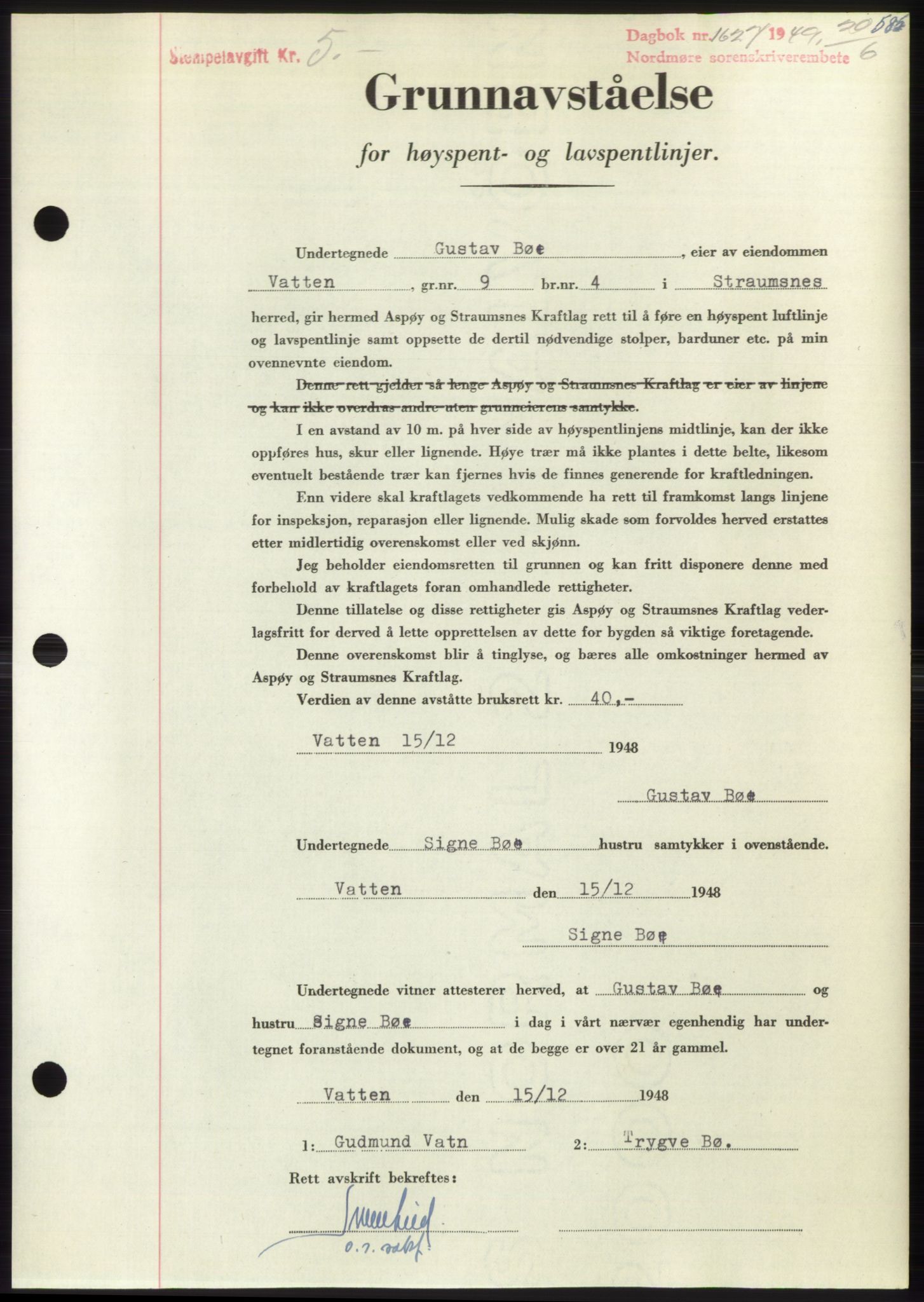 Nordmøre sorenskriveri, AV/SAT-A-4132/1/2/2Ca: Mortgage book no. B101, 1949-1949, Diary no: : 1627/1949