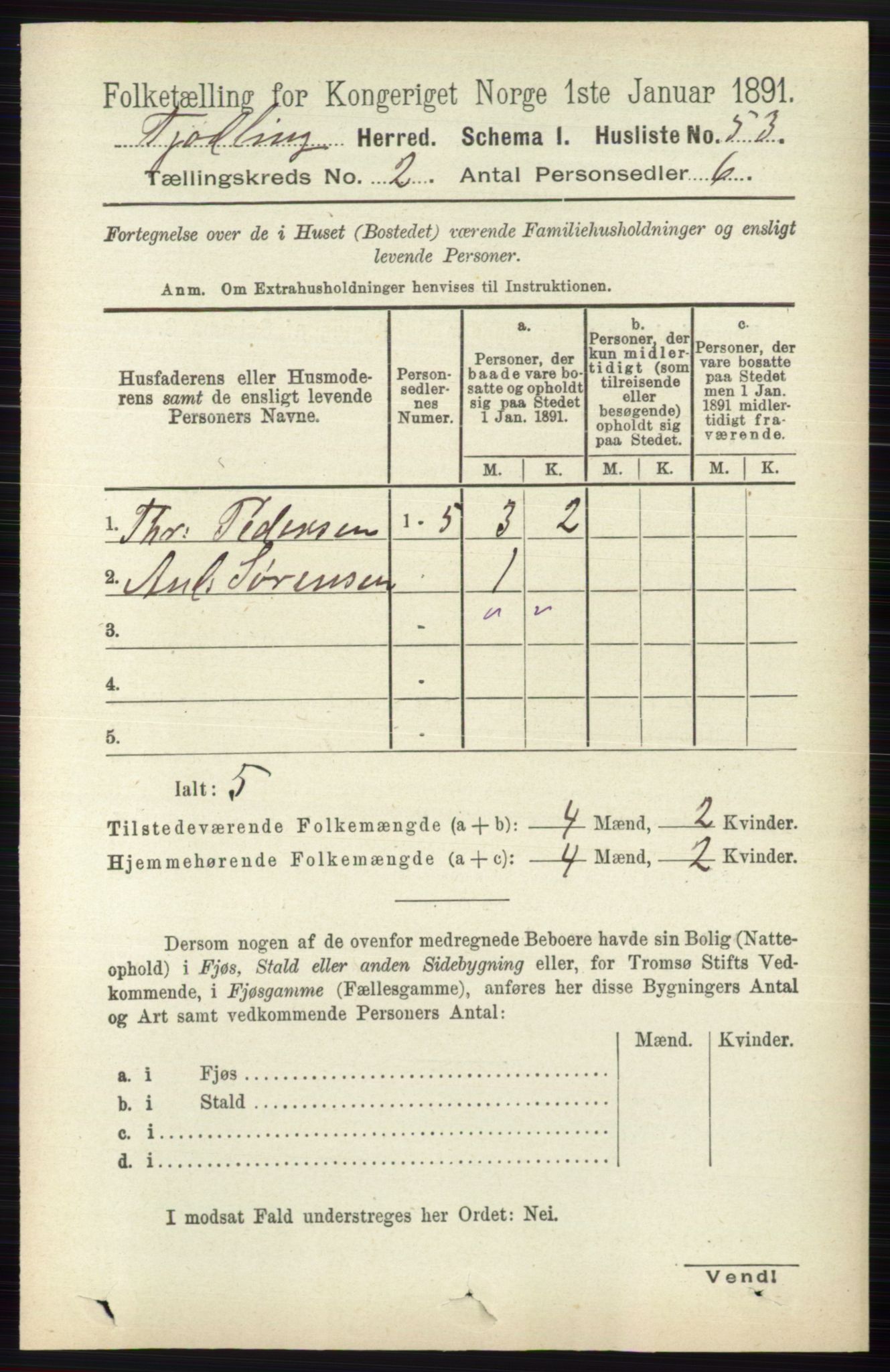 RA, 1891 census for 0725 Tjølling, 1891, p. 496