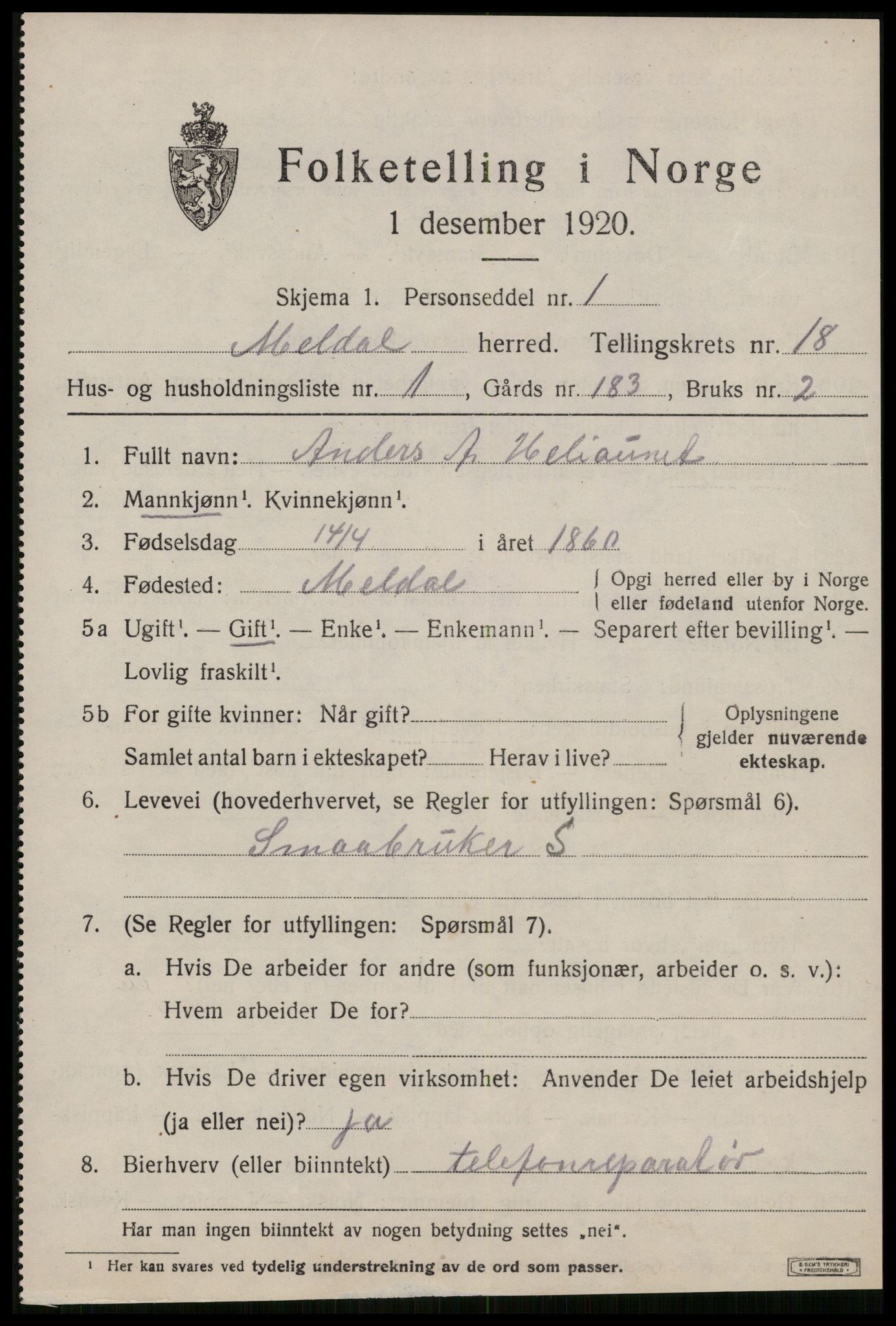 SAT, 1920 census for Meldal, 1920, p. 11333