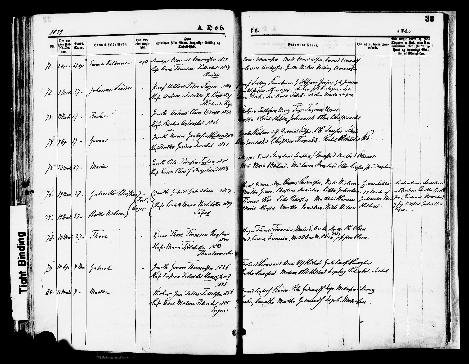 Hetland sokneprestkontor, SAST/A-101826/30/30BA/L0008: Parish register (official) no. A 8, 1877-1884, p. 38
