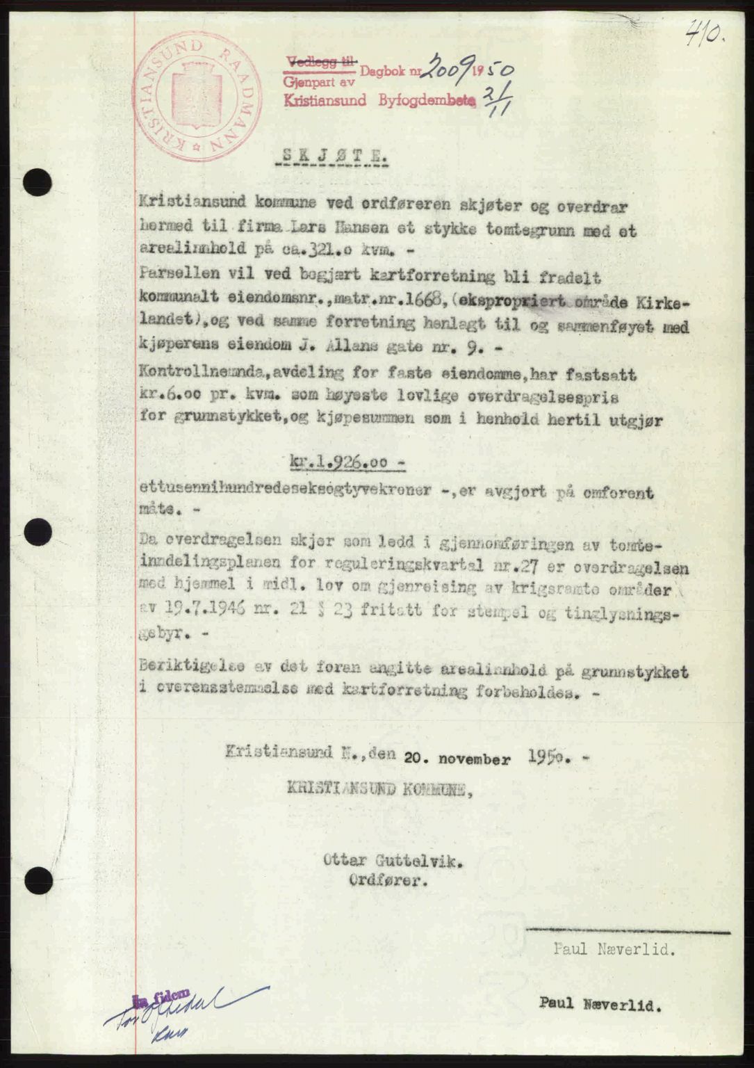 Kristiansund byfogd, AV/SAT-A-4587/A/27: Mortgage book no. 46, 1949-1950, Diary no: : 2009/1950