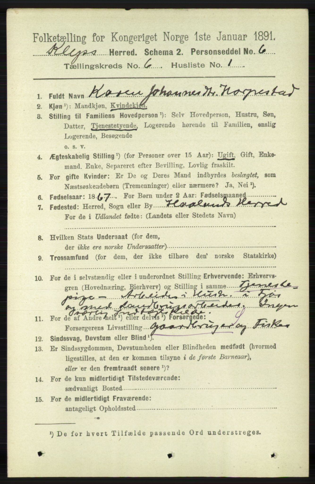 RA, 1891 census for 1120 Klepp, 1891, p. 1721