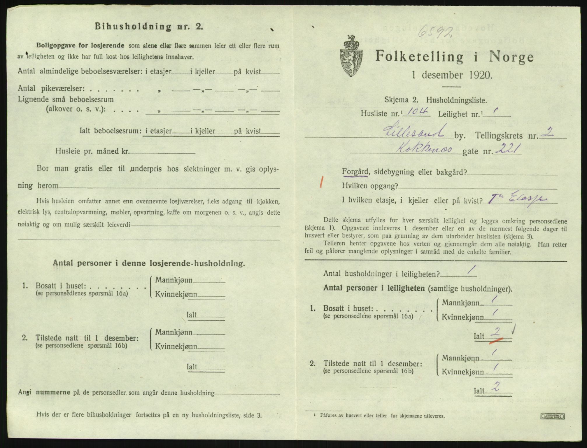 SAK, 1920 census for Lillesand, 1920, p. 1103