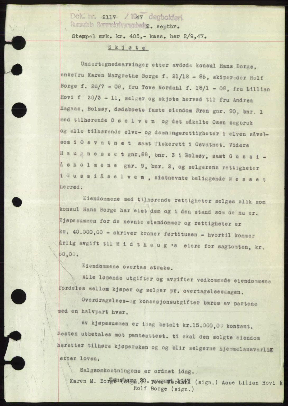 Romsdal sorenskriveri, AV/SAT-A-4149/1/2/2C: Mortgage book no. A23, 1947-1947, Diary no: : 2117/1947