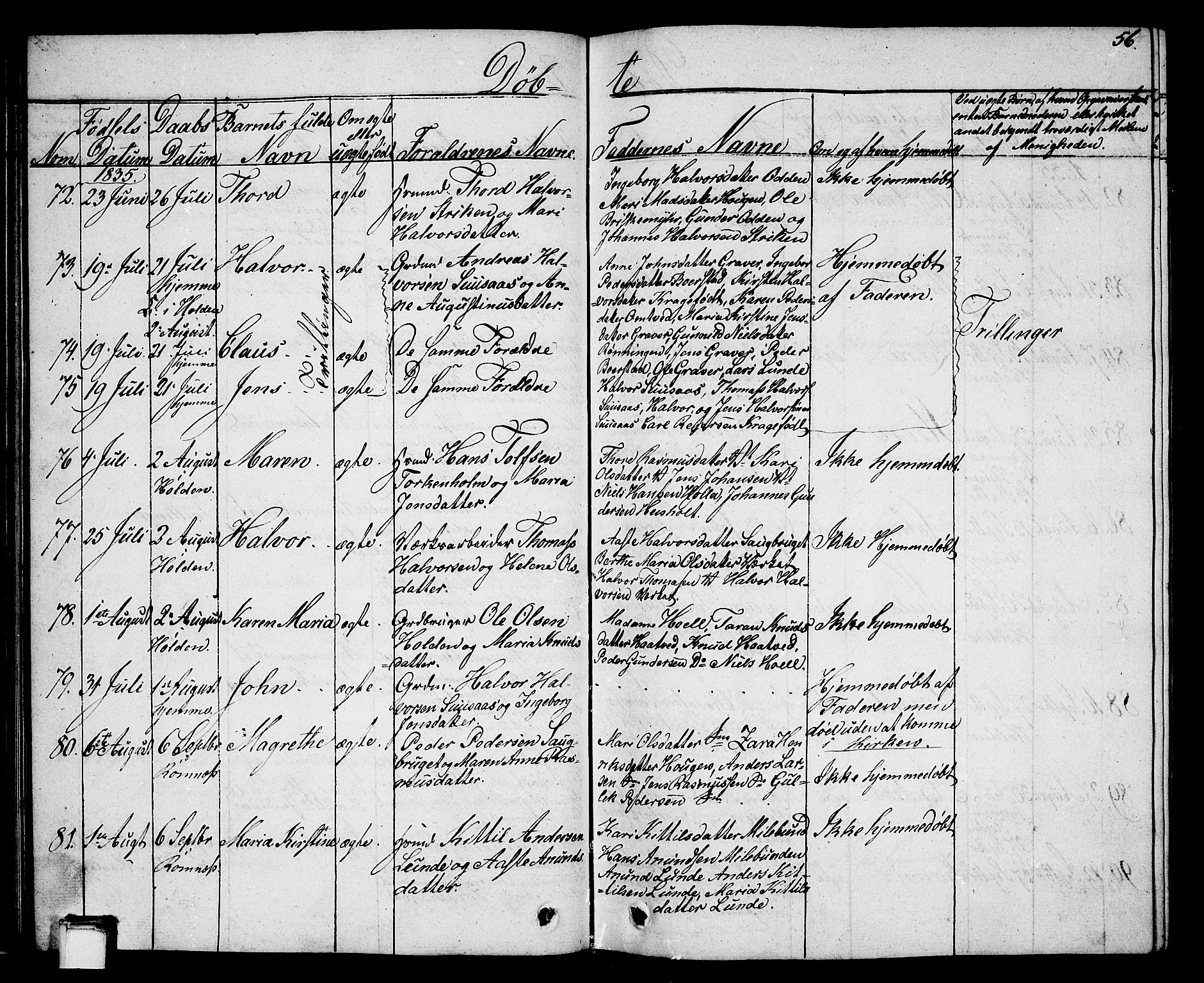 Holla kirkebøker, AV/SAKO-A-272/G/Ga/L0002: Parish register (copy) no. I 2, 1830-1848, p. 56