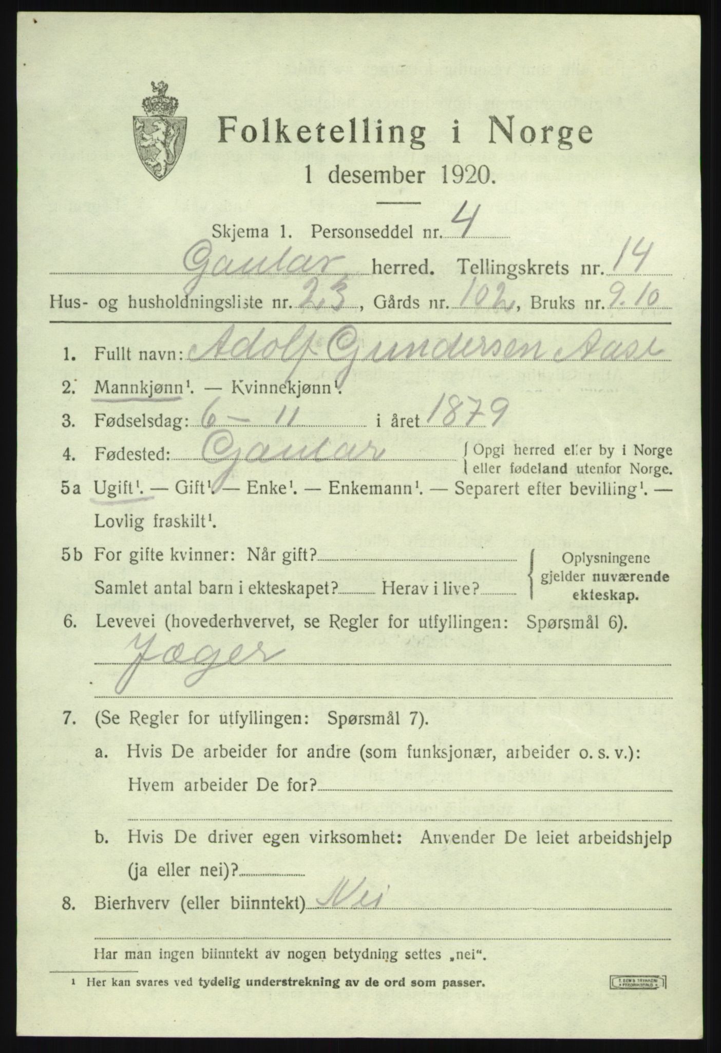 SAB, 1920 census for Gaular, 1920, p. 6672