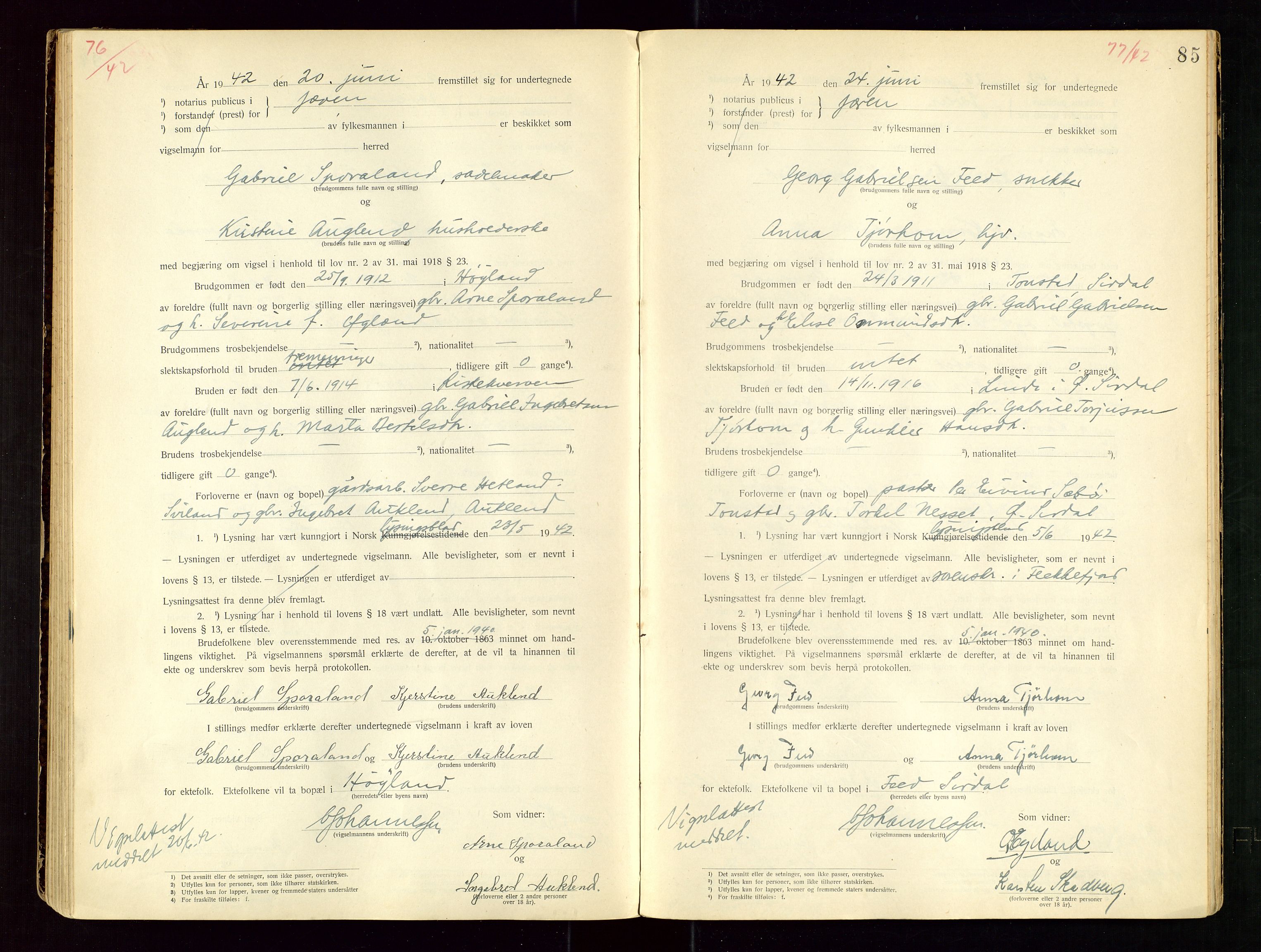 Jæren sorenskriveri, AV/SAST-A-100310/01/6/62/62BA/L0002: VIGSELSPROTOKOLL, 1937-1942, p. 85